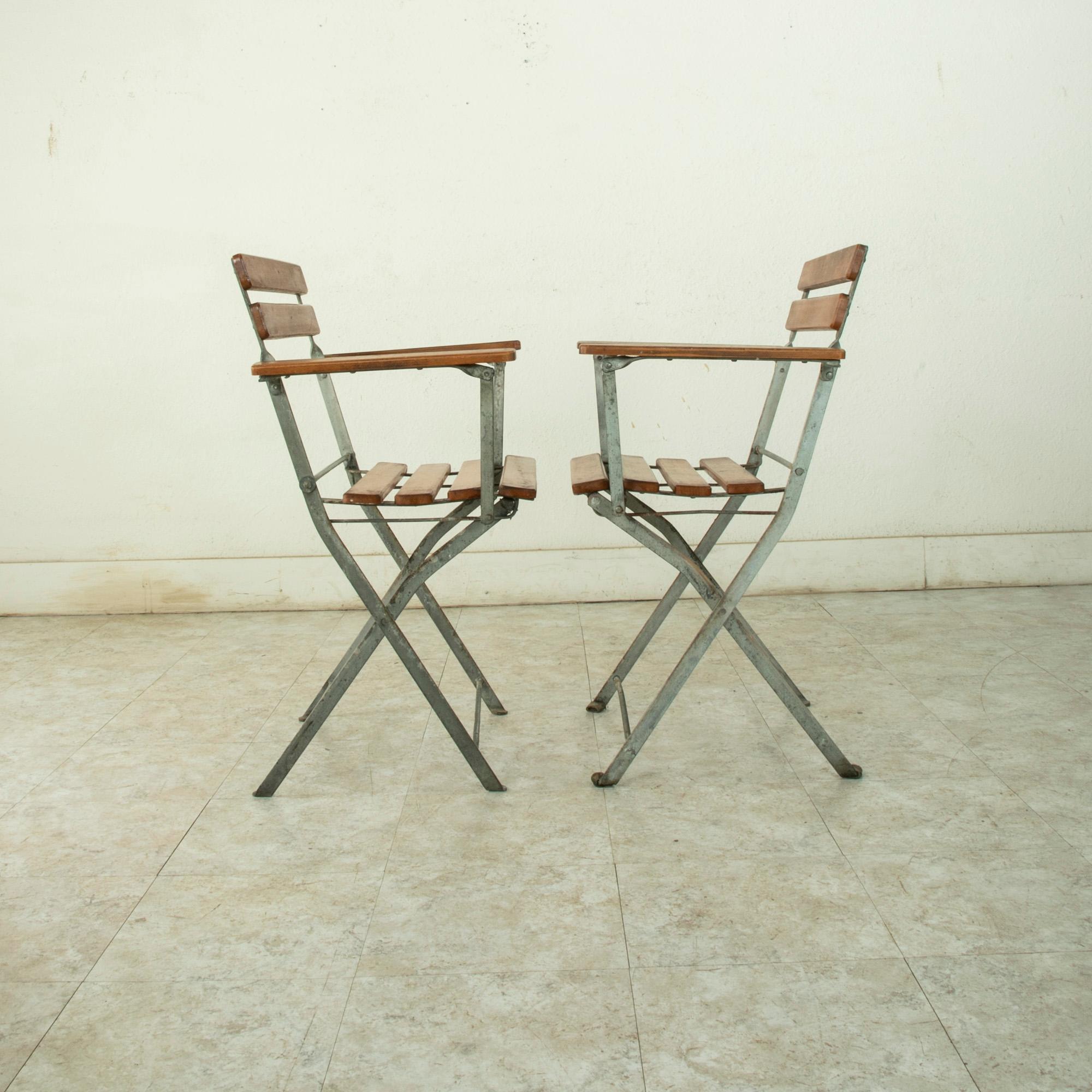 Pair of Mid-20th Century French Folding Metal Bistro Armchairs with Wooden Slats 4
