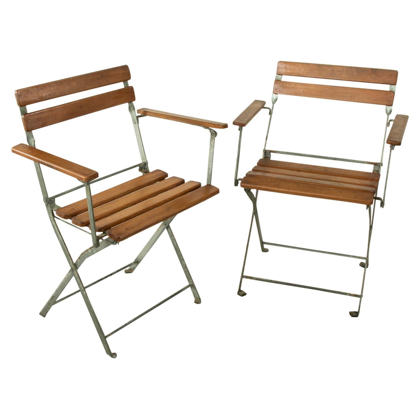 Pair of Mid-20th Century French Folding Metal Bistro Armchairs with Wooden Slats