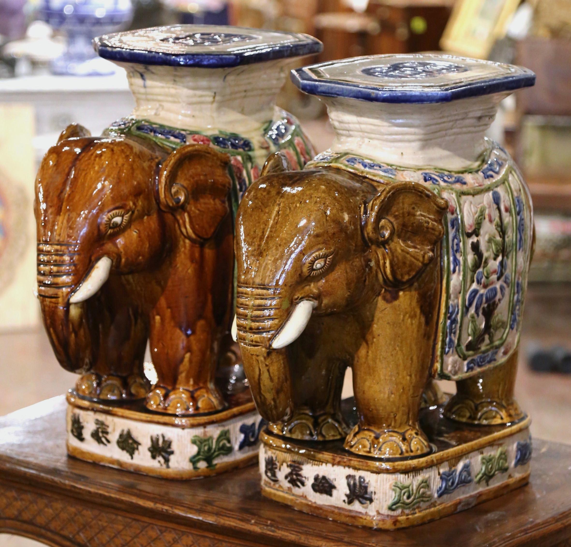 Pair of Mid-20th Century French Hand Painted Faience Brown Elephant Garden Seats In Excellent Condition In Dallas, TX