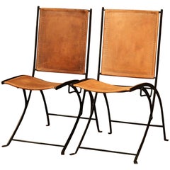 Retro Pair of Mid-20th Century French Iron and Leather Folding Chairs