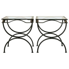 Pair of Mid-20th Century French Iron Side Tables or End Tables with Glass Tops