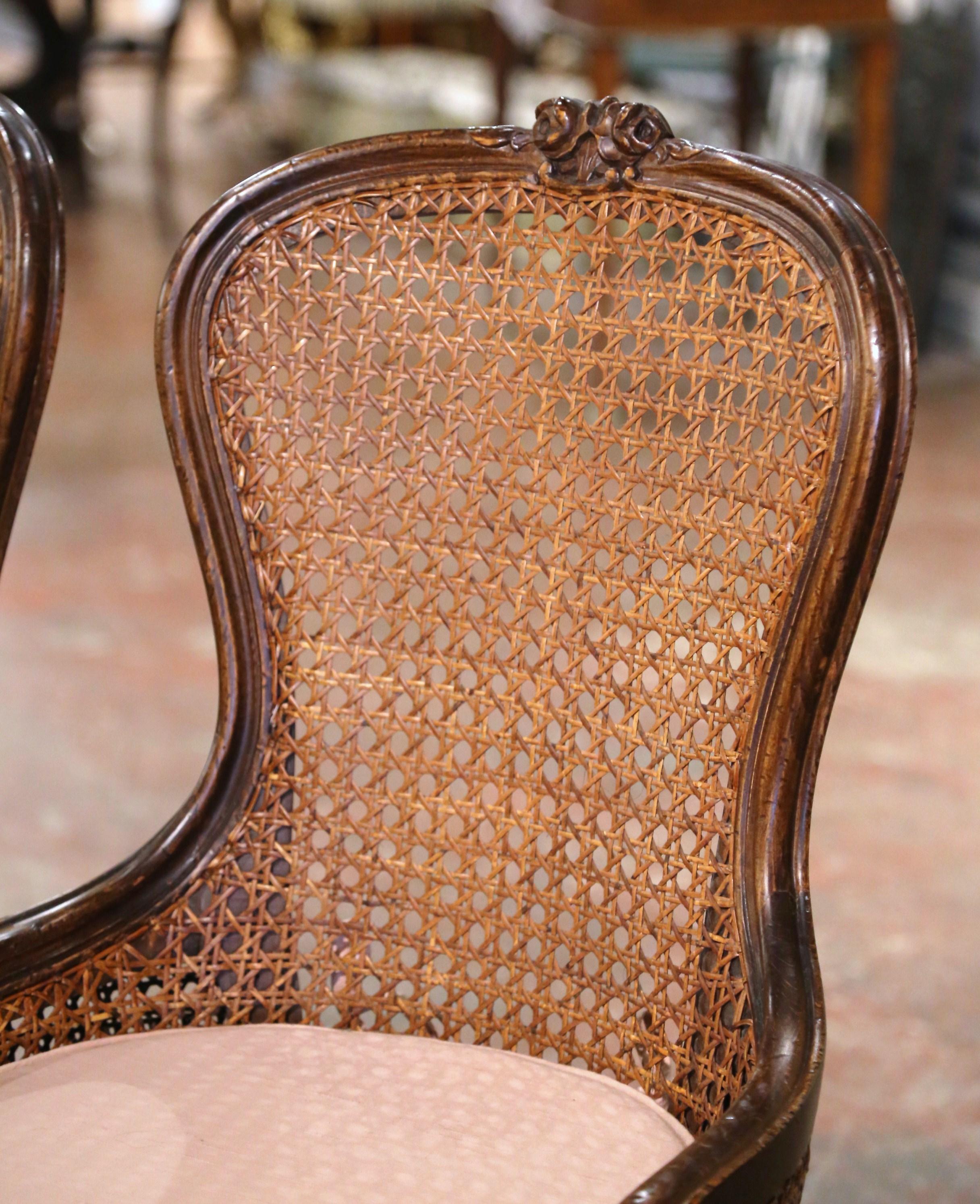 Hand-Carved Pair of Mid-20th Century French Louis XV Carved Walnut and Cane Vanity Chairs