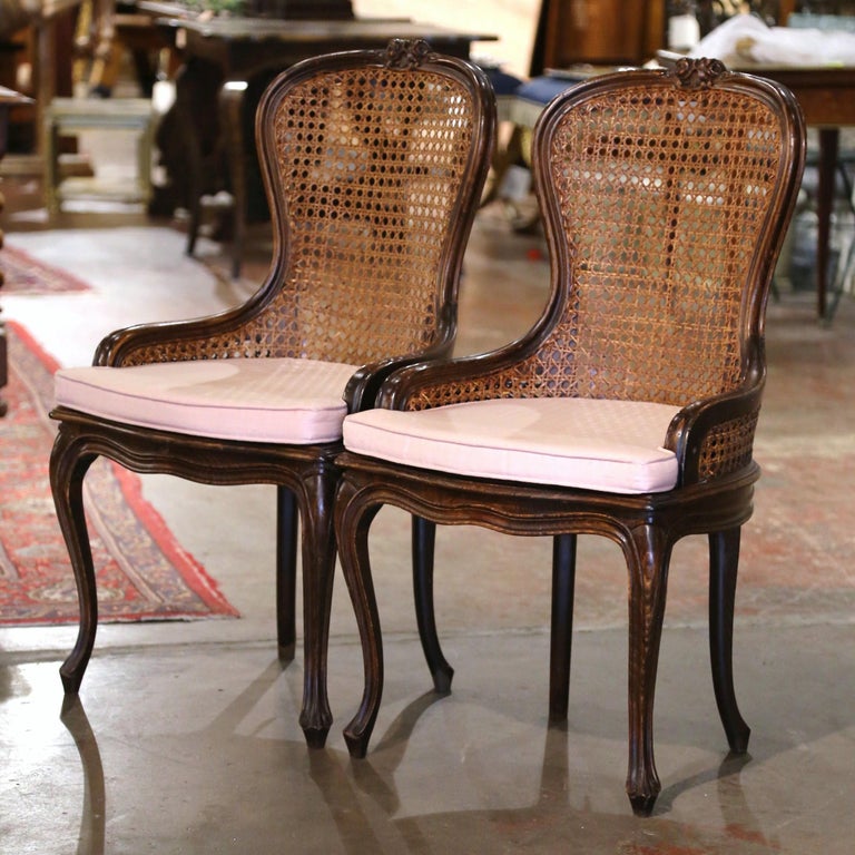 Pair of Mid20th Century French Louis XV Carved Walnut and Cane Vanity