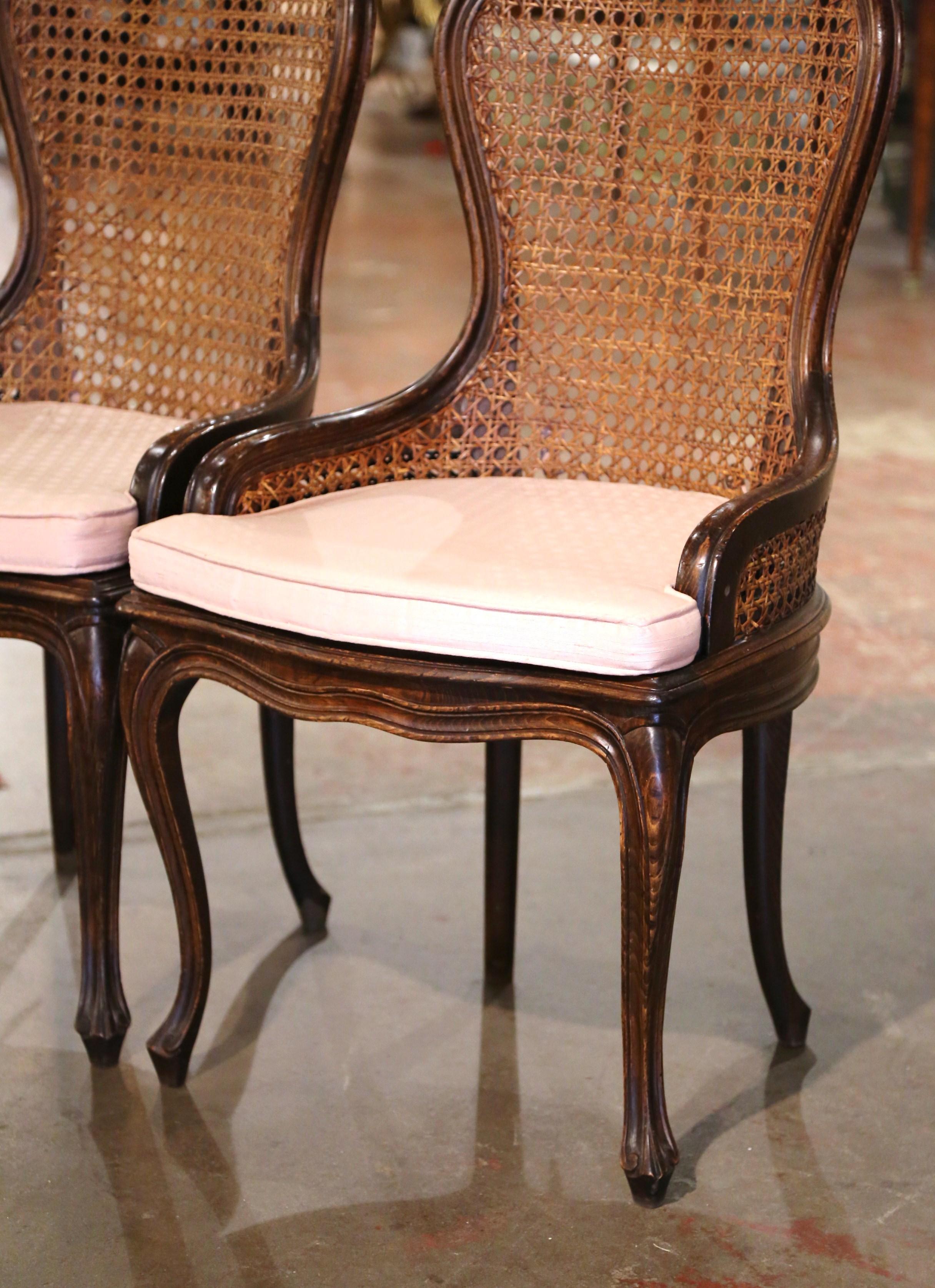 Pair of Mid-20th Century French Louis XV Carved Walnut and Cane Vanity Chairs 1