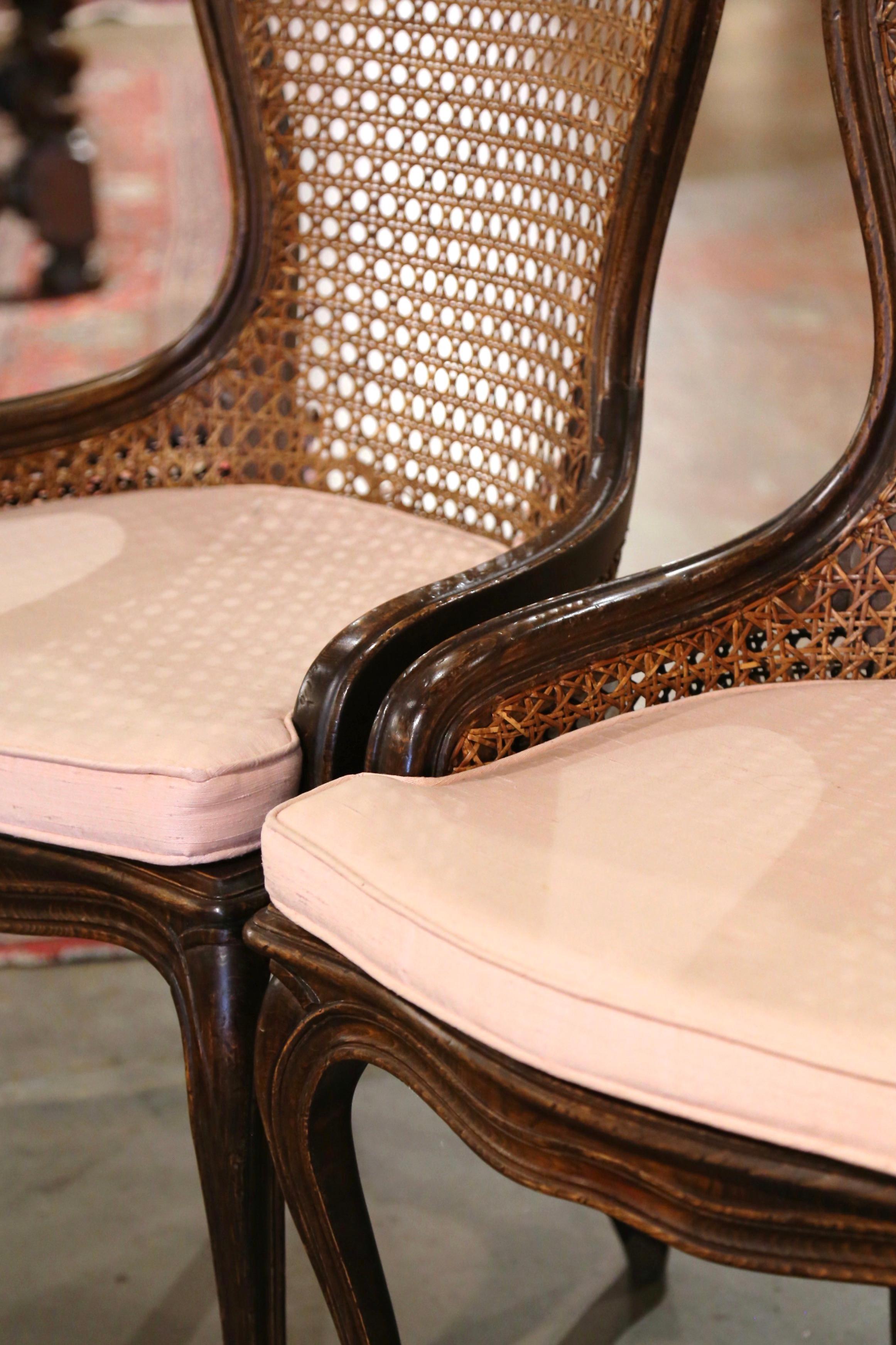 Pair of Mid-20th Century French Louis XV Carved Walnut and Cane Vanity Chairs 2