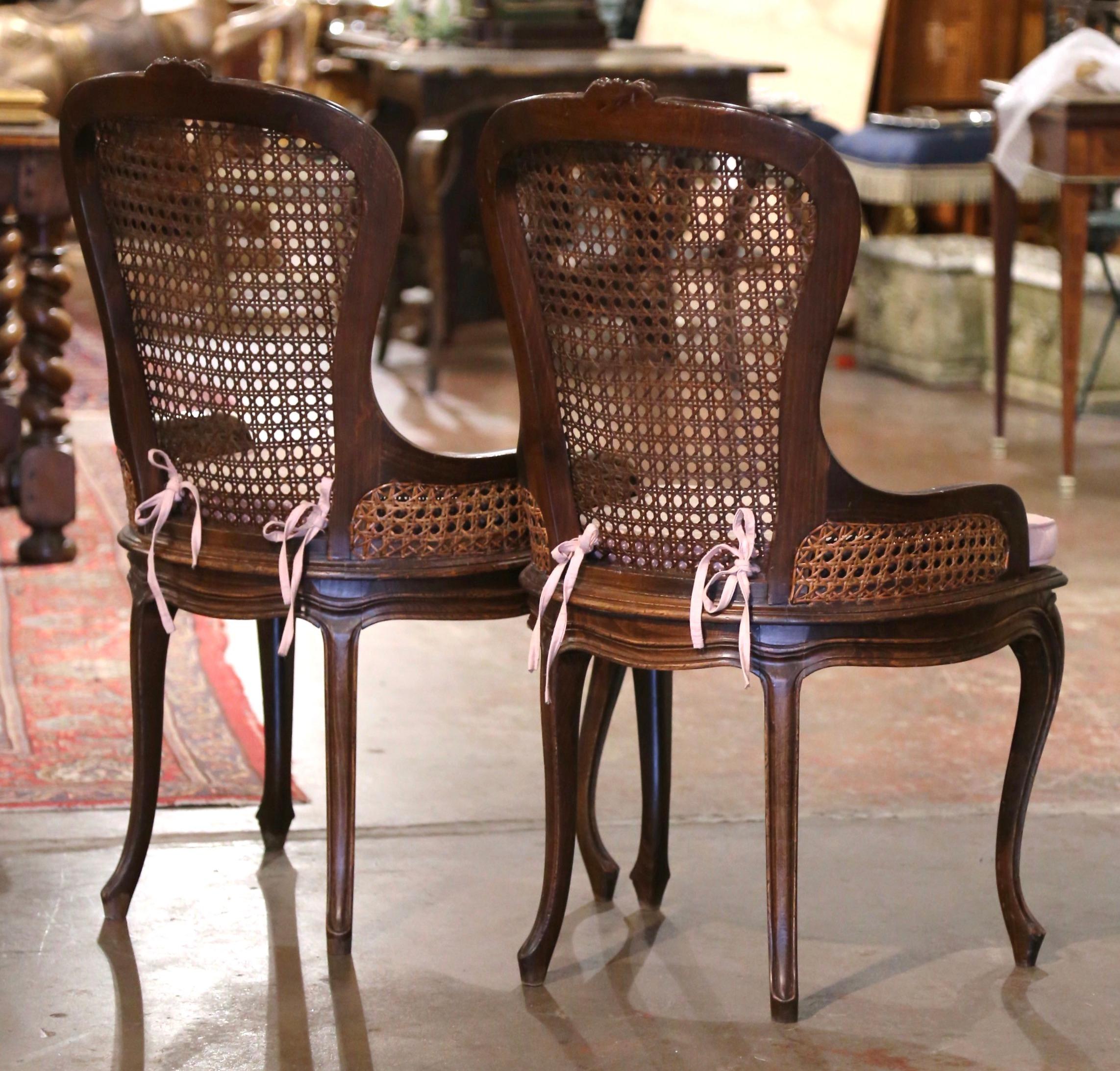 Pair of Mid-20th Century French Louis XV Carved Walnut and Cane Vanity Chairs 4