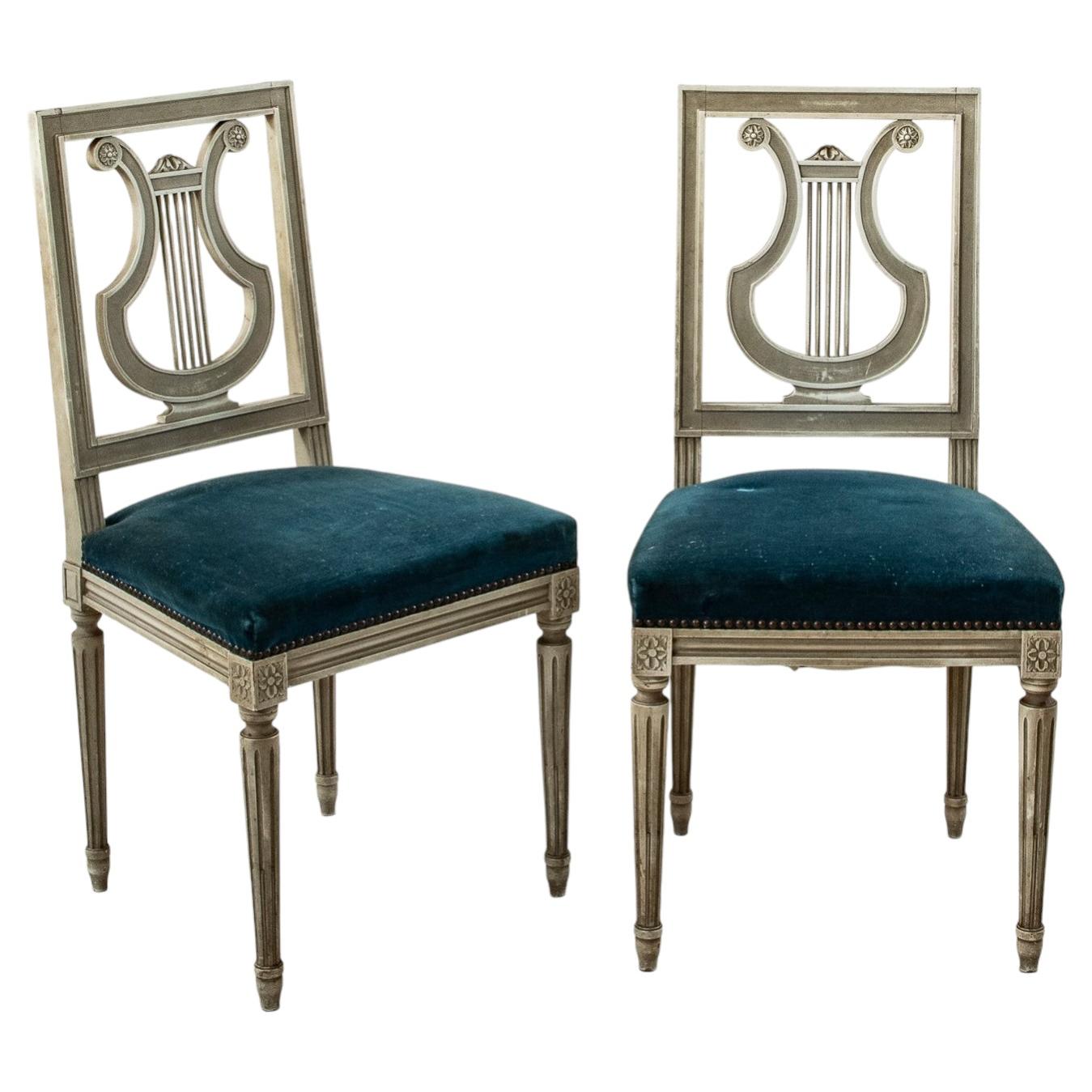 Pair of Mid 20th Century French Louis XVI Style Painted Lyre Back Side Chairs For Sale