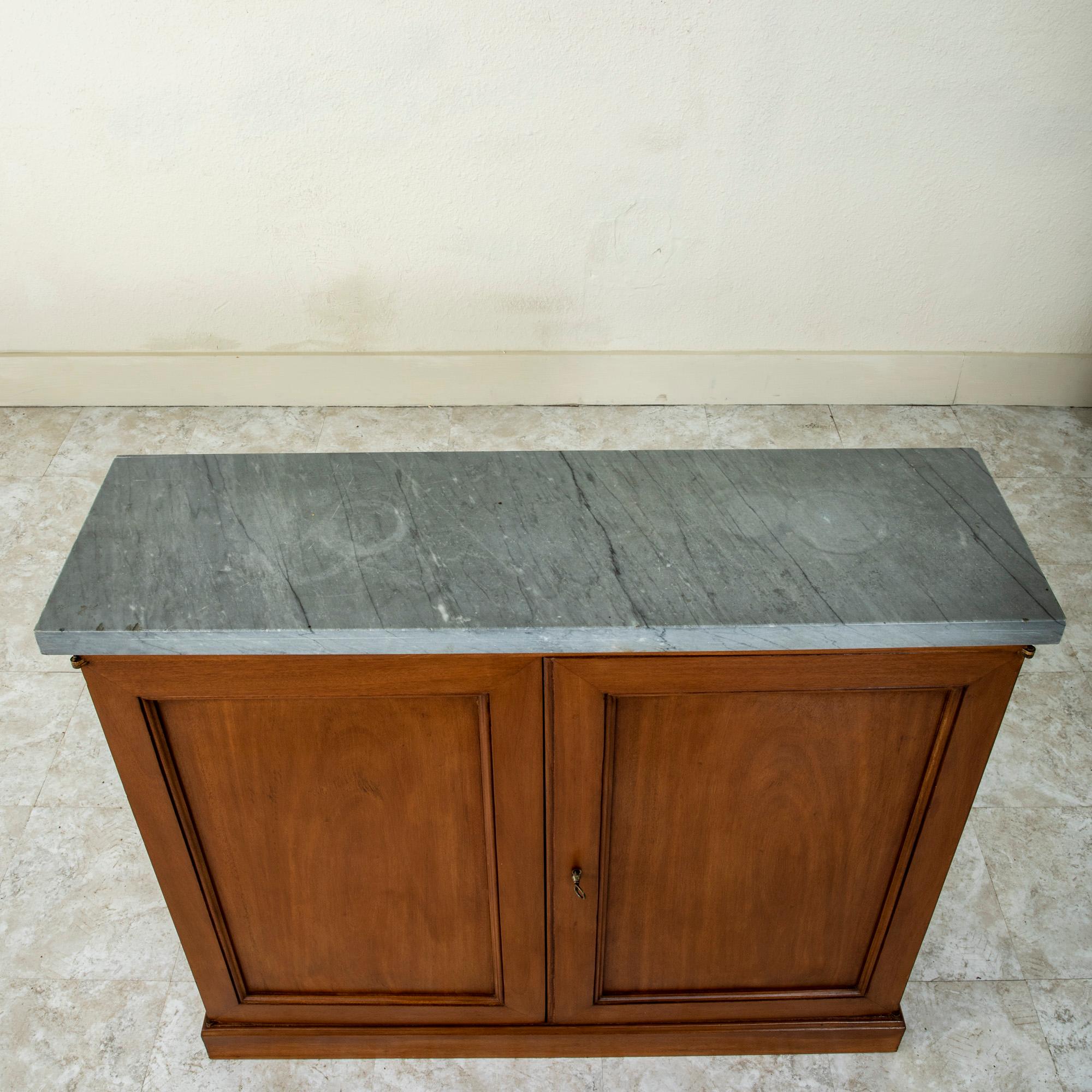 Pair of Mid-20th Century French Mahogany Console Cabinets with Grey Marble Tops For Sale 10