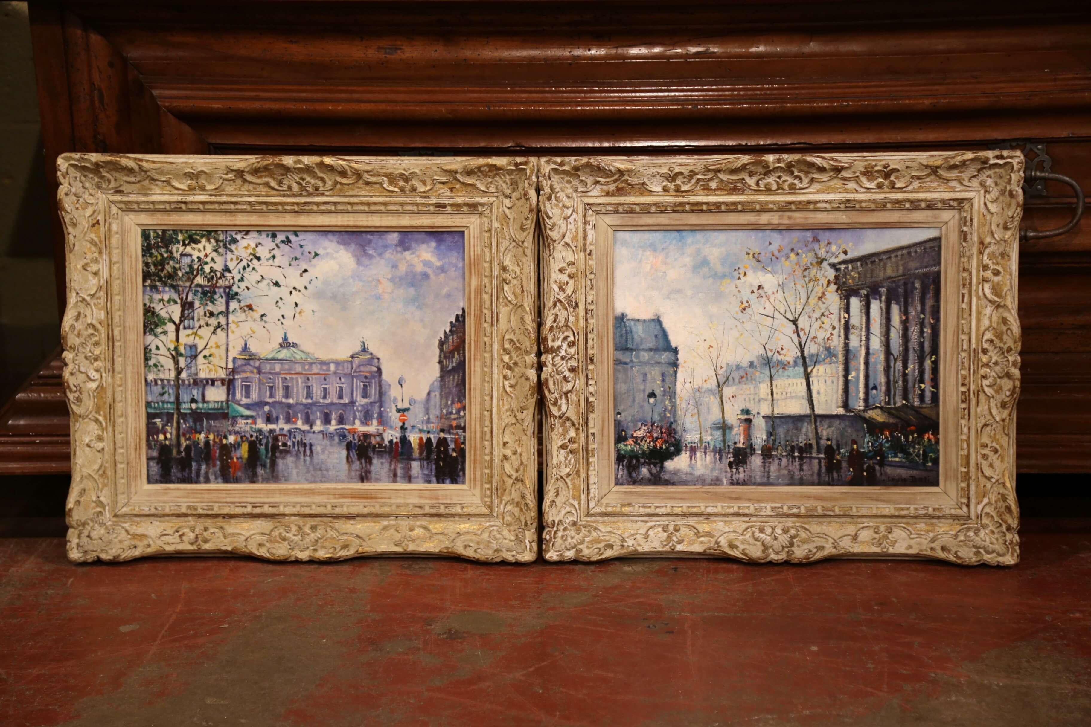 Pair of Mid-20th Century French Paris Paintings in Carved Frames Signed L. Dali 2