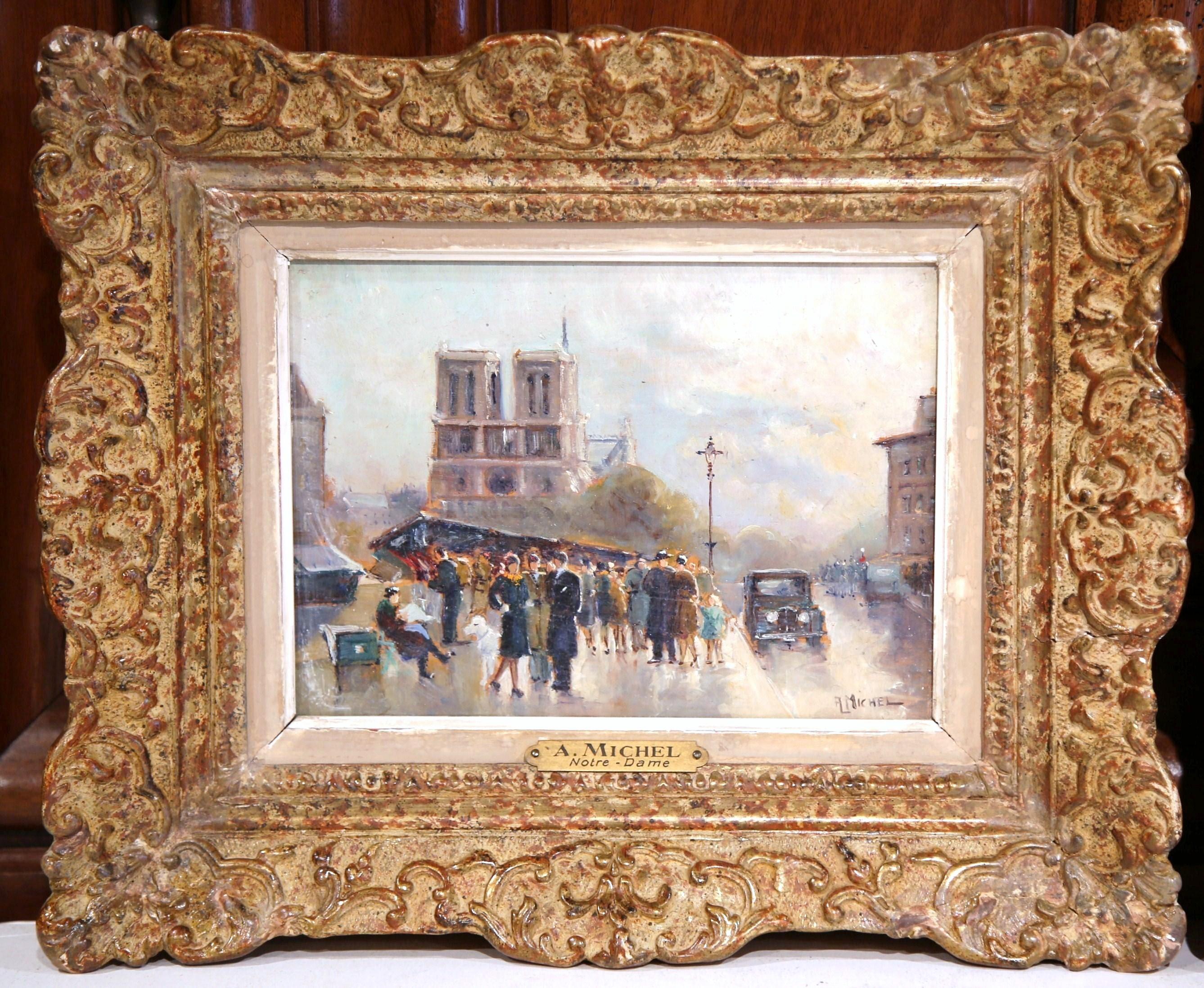 This beautiful antique oil on board paintings were created in France, circa 1942. Each painting, set in an ornate, carved gilt frame, features an iconic landmark on the “Île de la Cite” in Paris. One painting depicts 