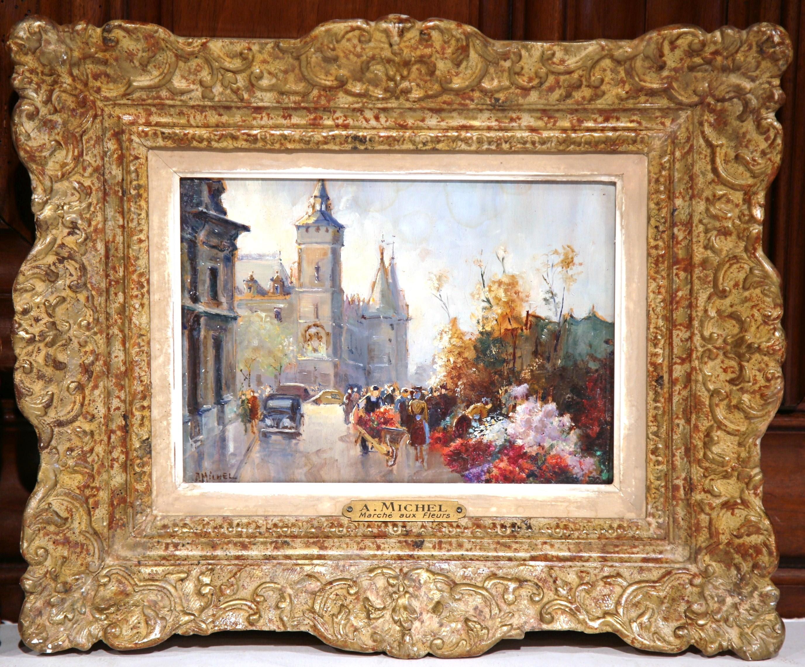 Giltwood Pair of Mid-20th Century French Paris Scenes Paintings Signed A. Michel