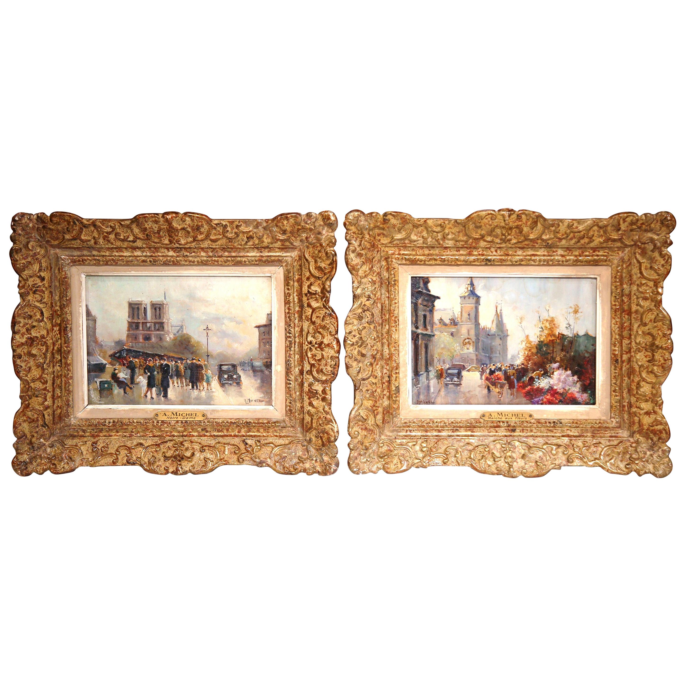 Pair of Mid-20th Century French Paris Scenes Paintings Signed A. Michel