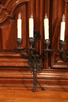 Pair of Mid-20th Century French Patinated Bronze Sconces with Louis XVI Bow
