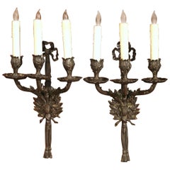 Pair of Mid-20th Century French Patinated Bronze Sconces with Louis XVI Bow