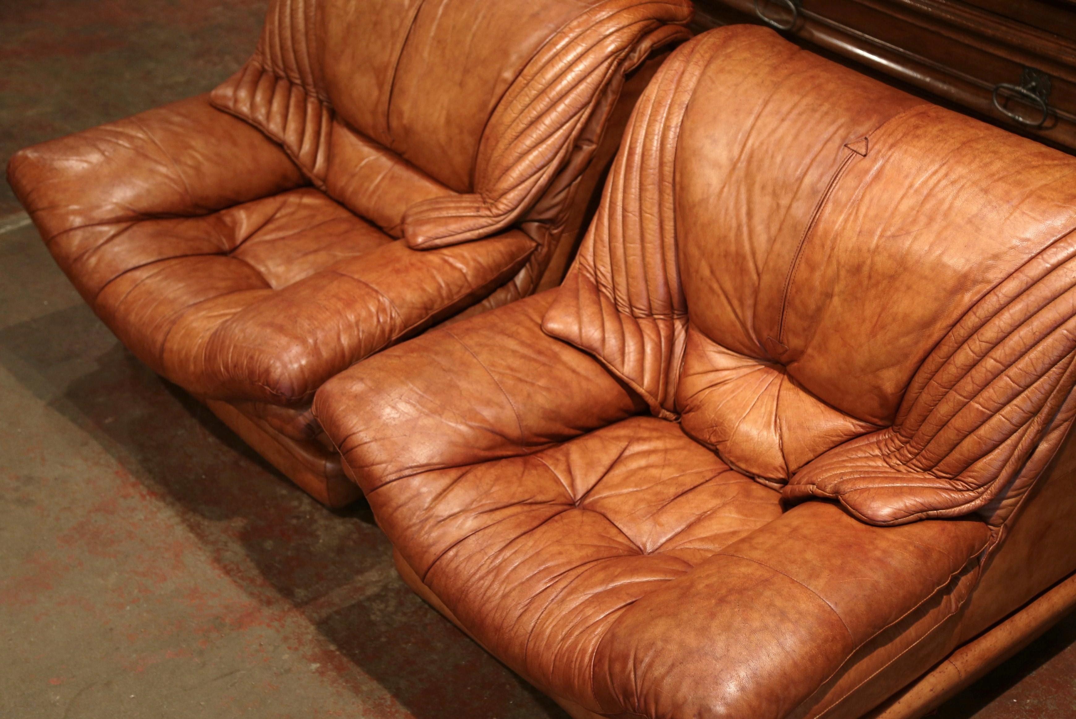 Hand-Crafted Pair of Mid-20th Century French Patinated Tan Leather Club Armchairs