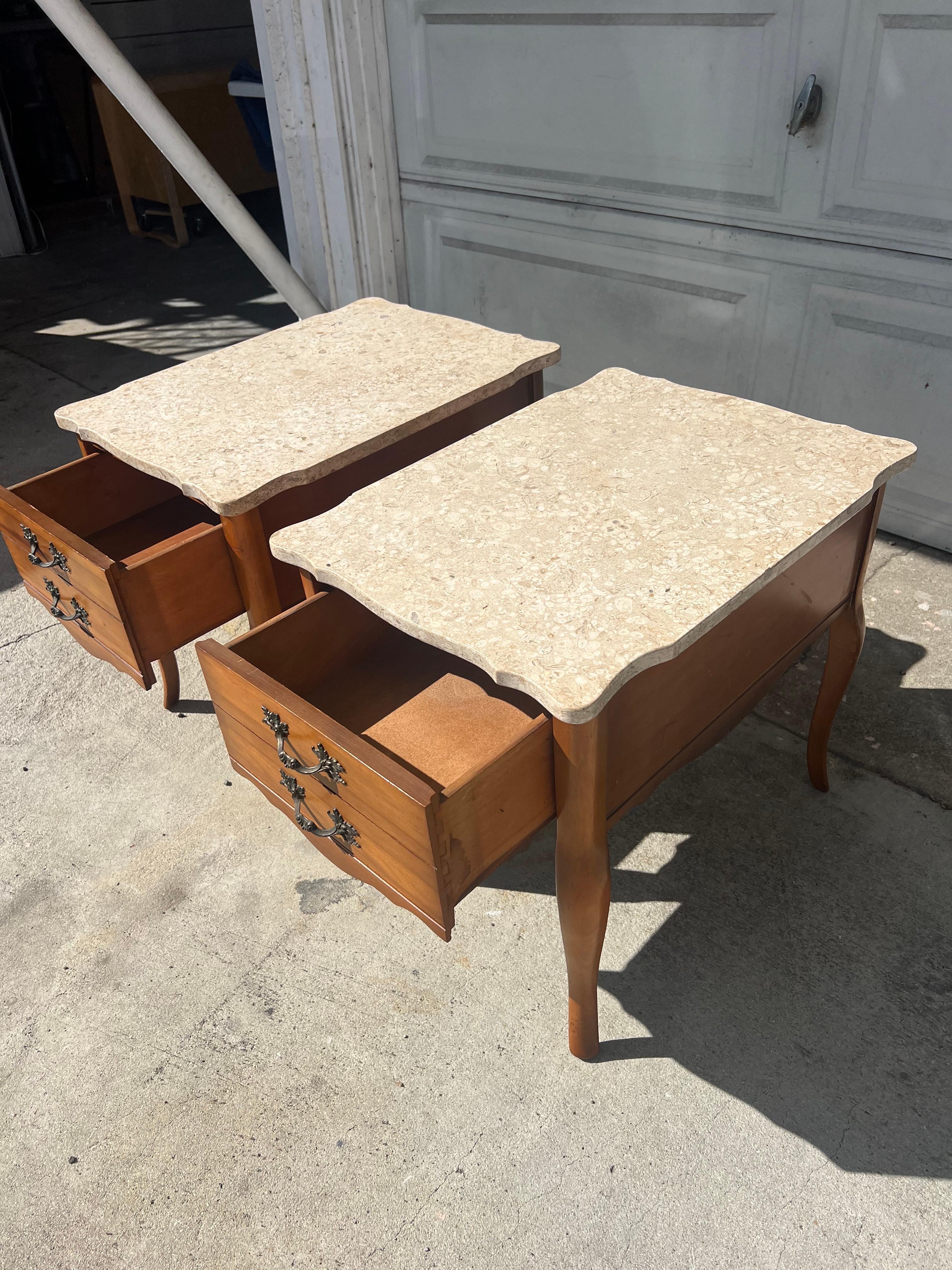 American Pair of Mid 20th Century French Provincial Travertine Topped Side Tables