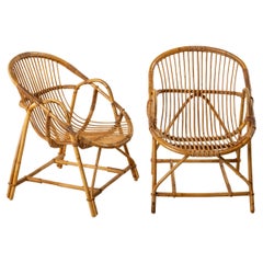 Vintage Pair of Mid-20th Century French Rattan Armchairs or Garden Chairs