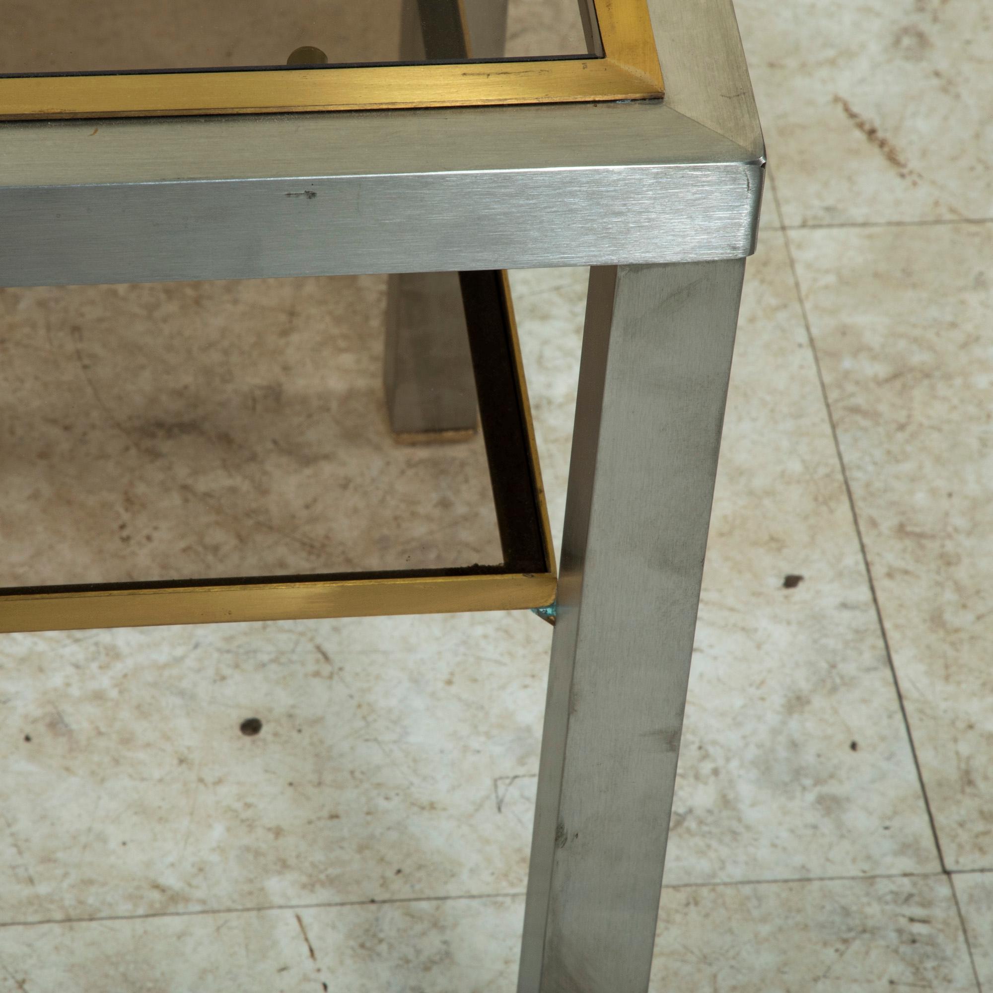 Pair of Mid-20th Century French Steel and Brass Side Tables with Smoked Glass For Sale 6