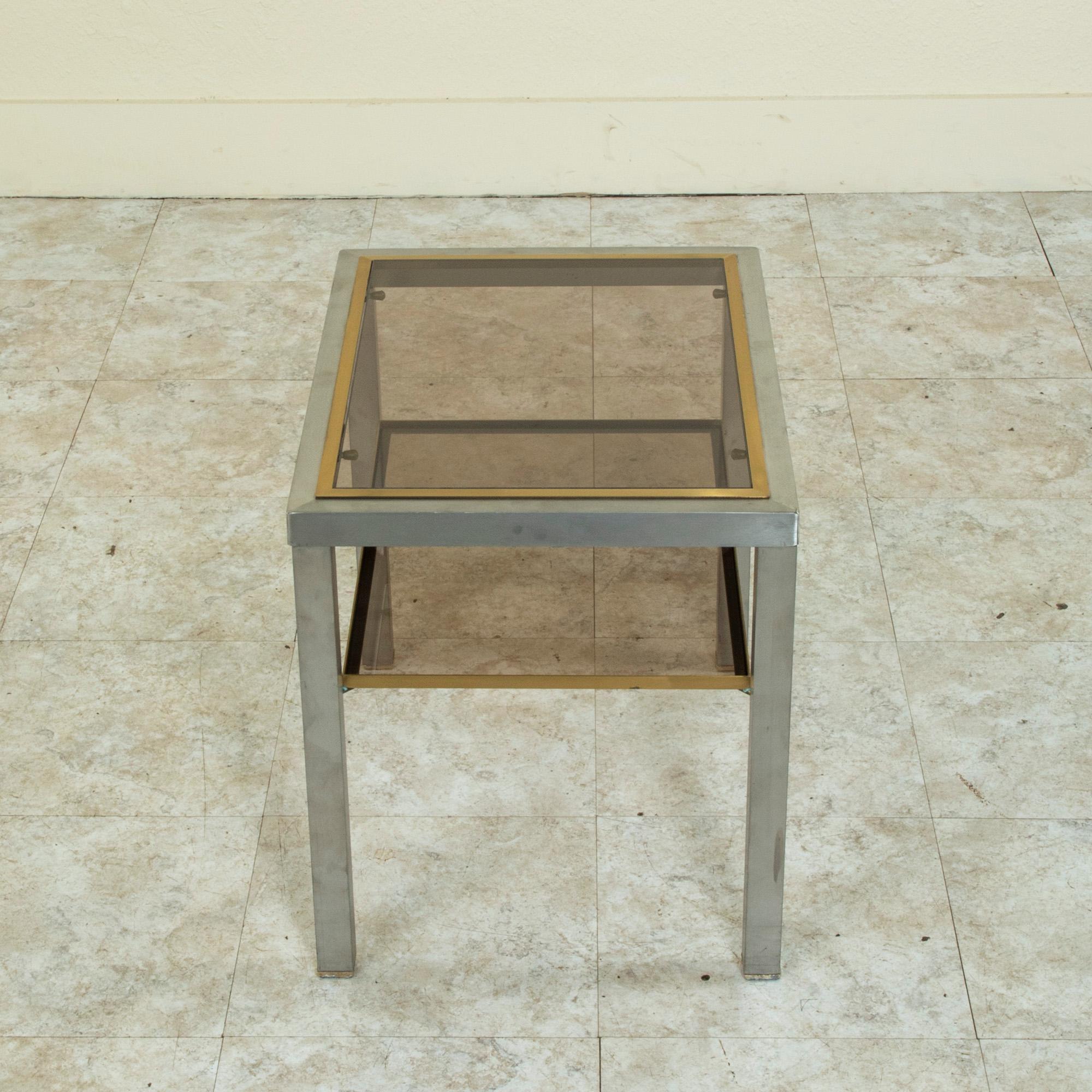 Pair of Mid-20th Century French Steel and Brass Side Tables with Smoked Glass For Sale 2