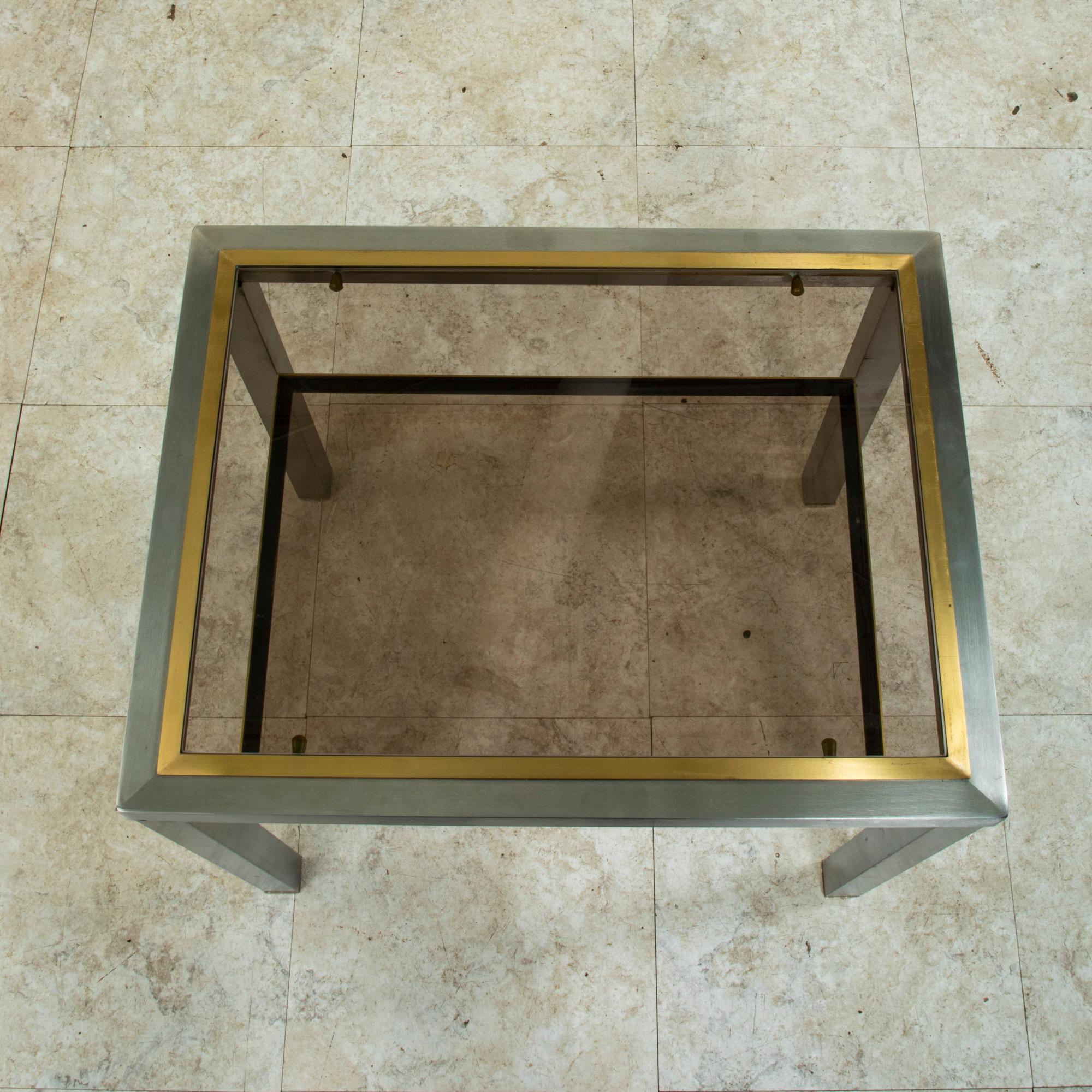 Pair of Mid-20th Century French Steel and Brass Side Tables with Smoked Glass For Sale 3