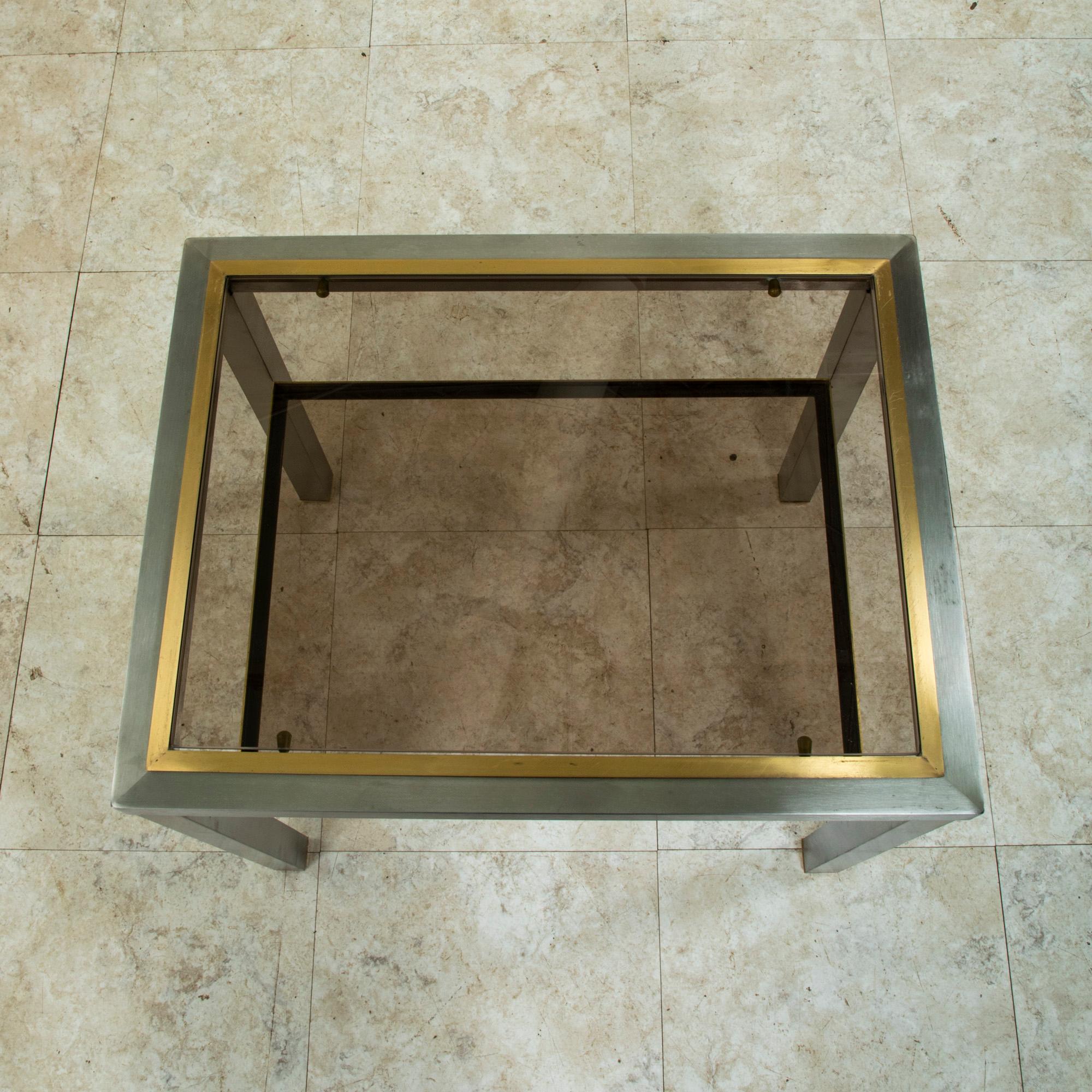 Pair of Mid-20th Century French Steel and Brass Side Tables with Smoked Glass For Sale 4