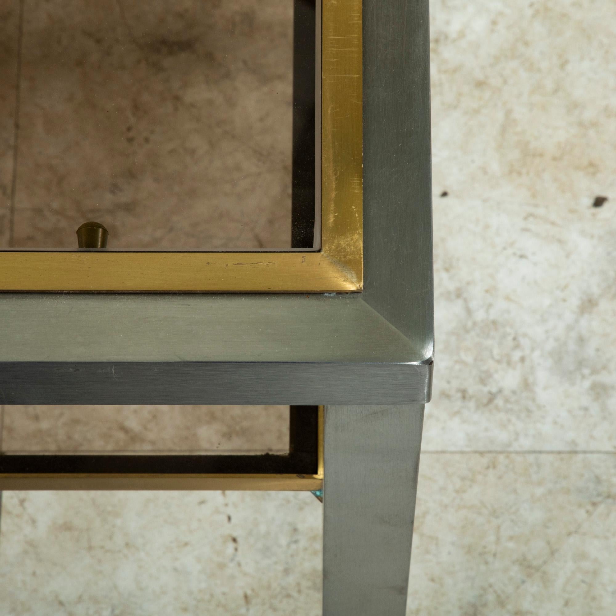 Pair of Mid-20th Century French Steel and Brass Side Tables with Smoked Glass For Sale 5