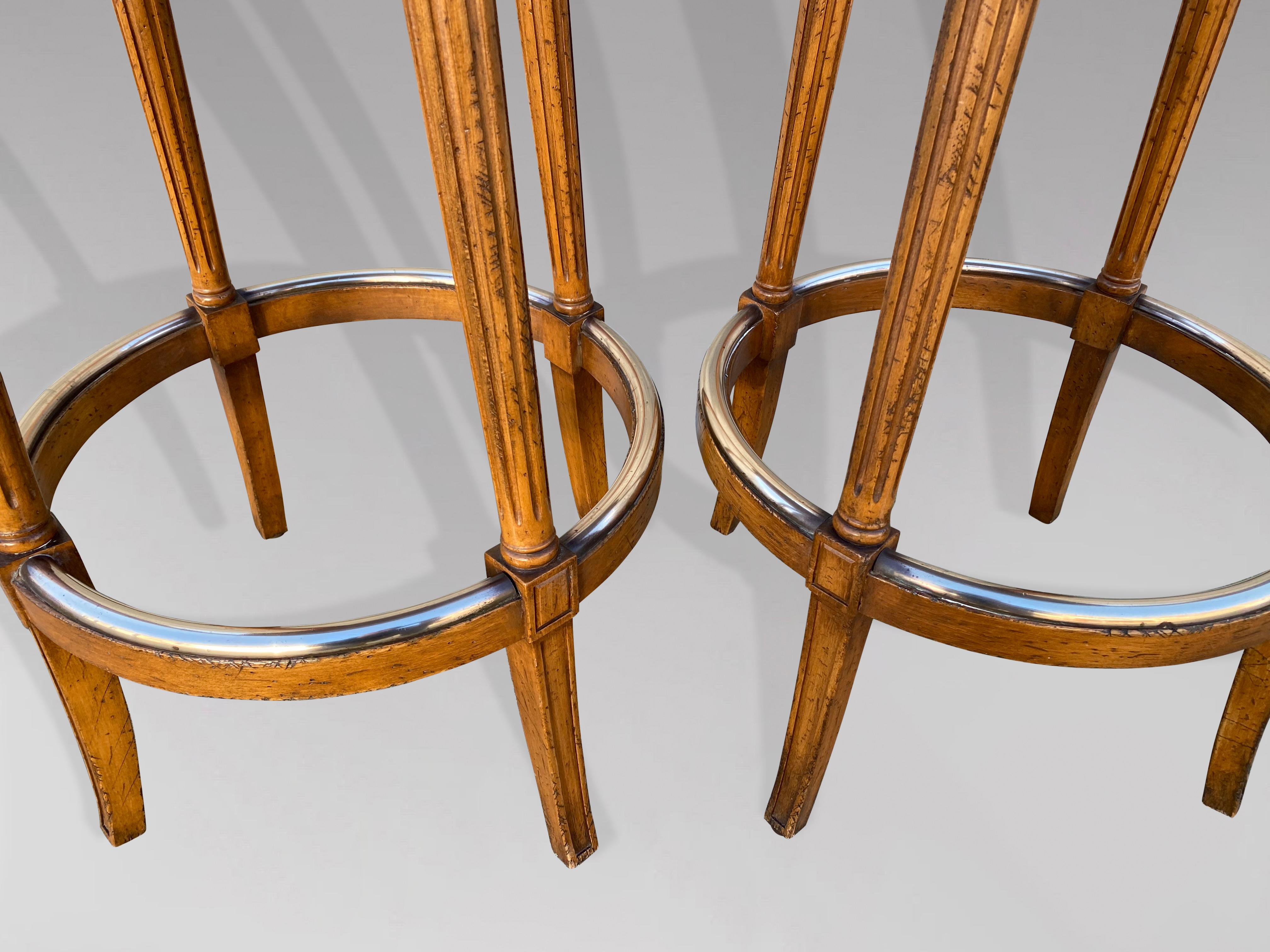 Hand-Crafted Pair of Mid-20th Century French Walnut Bistro Bar Stools