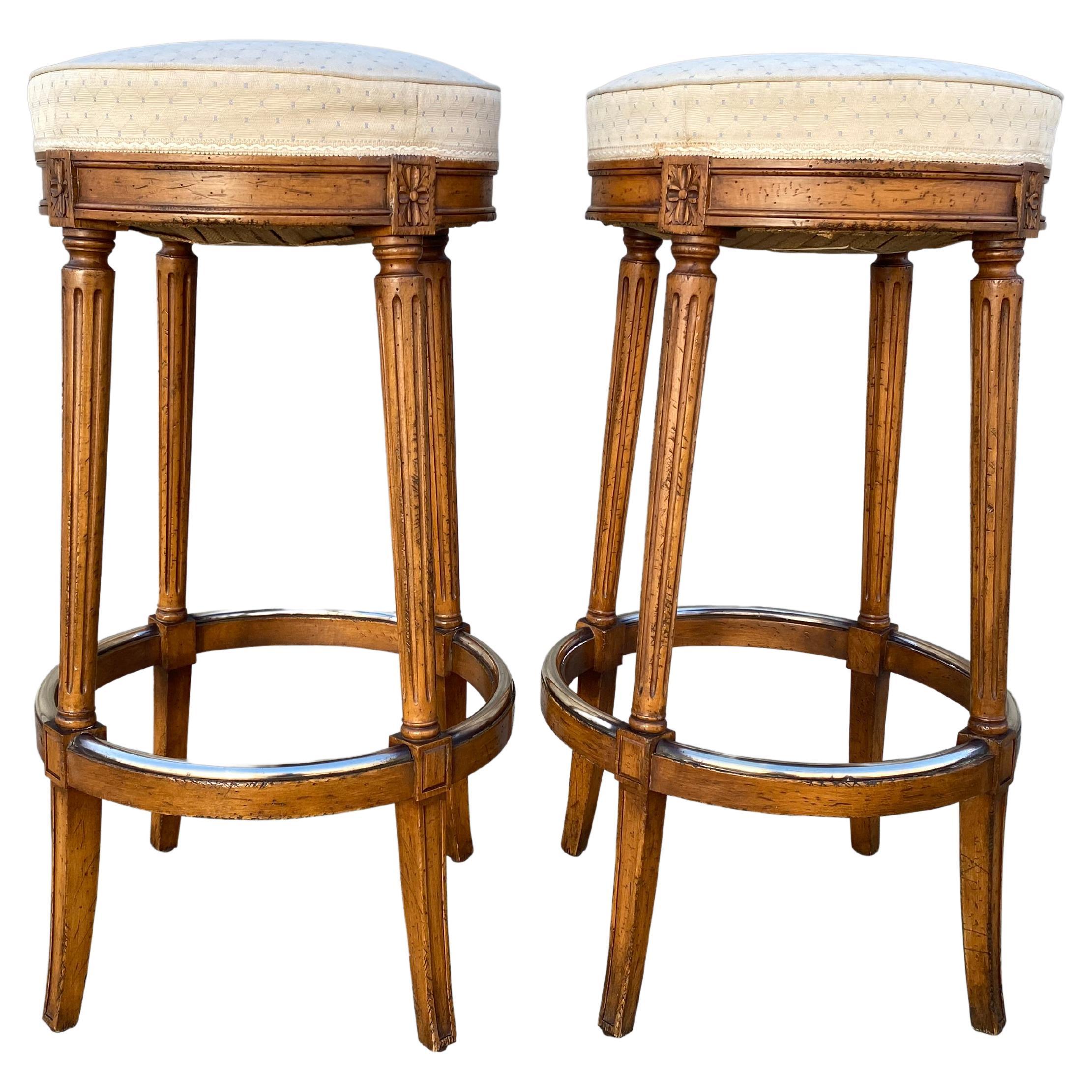 Pair of Mid-20th Century French Walnut Bistro Bar Stools
