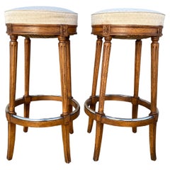 Vintage Pair of Mid-20th Century French Walnut Bistro Bar Stools