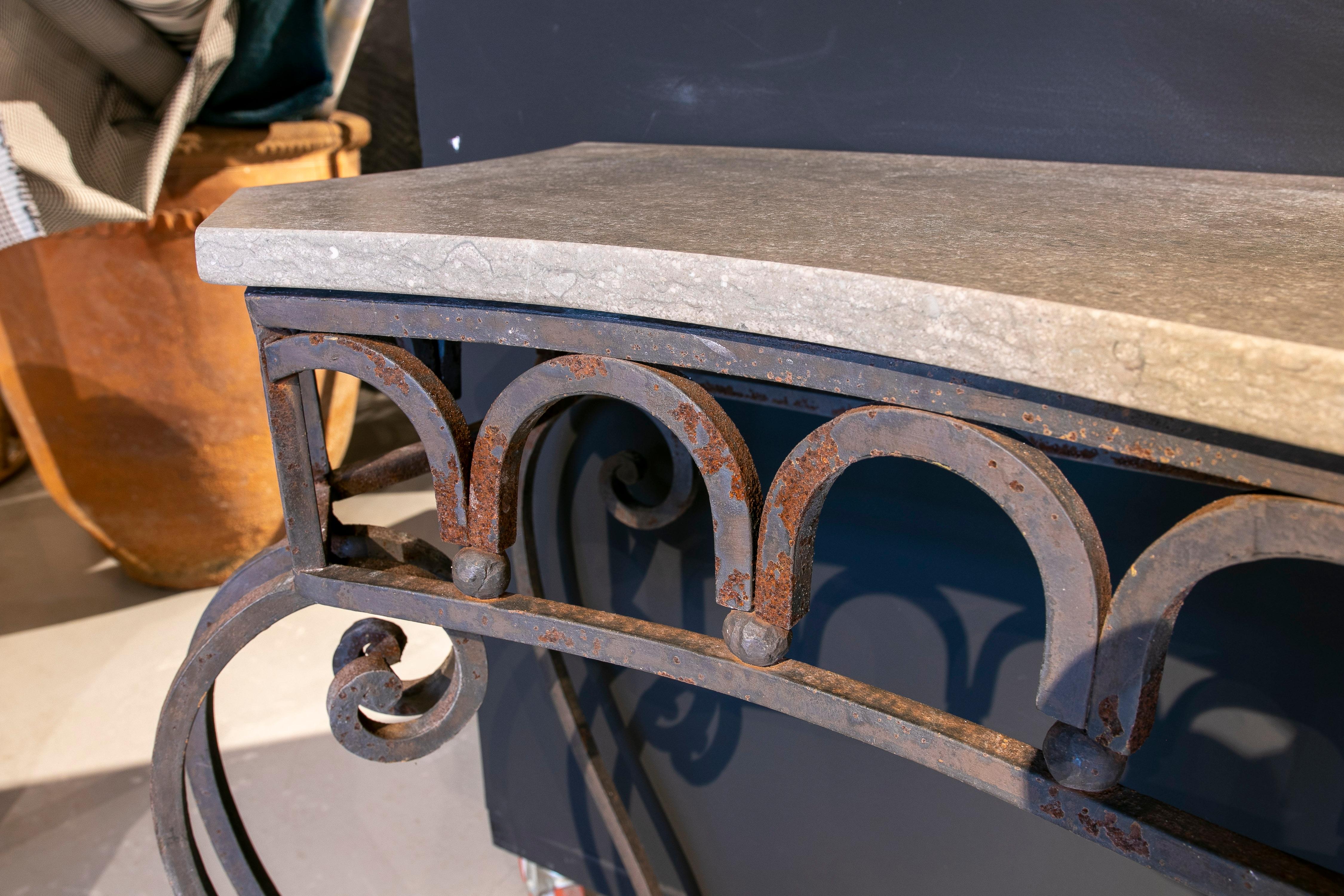 Pair of Mid-20th Century French Wrought Iron Console Tables w/ Marble Top 8