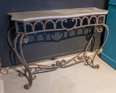 Pair of Mid-20th Century French Wrought Iron Console Tables w/ Marble Top