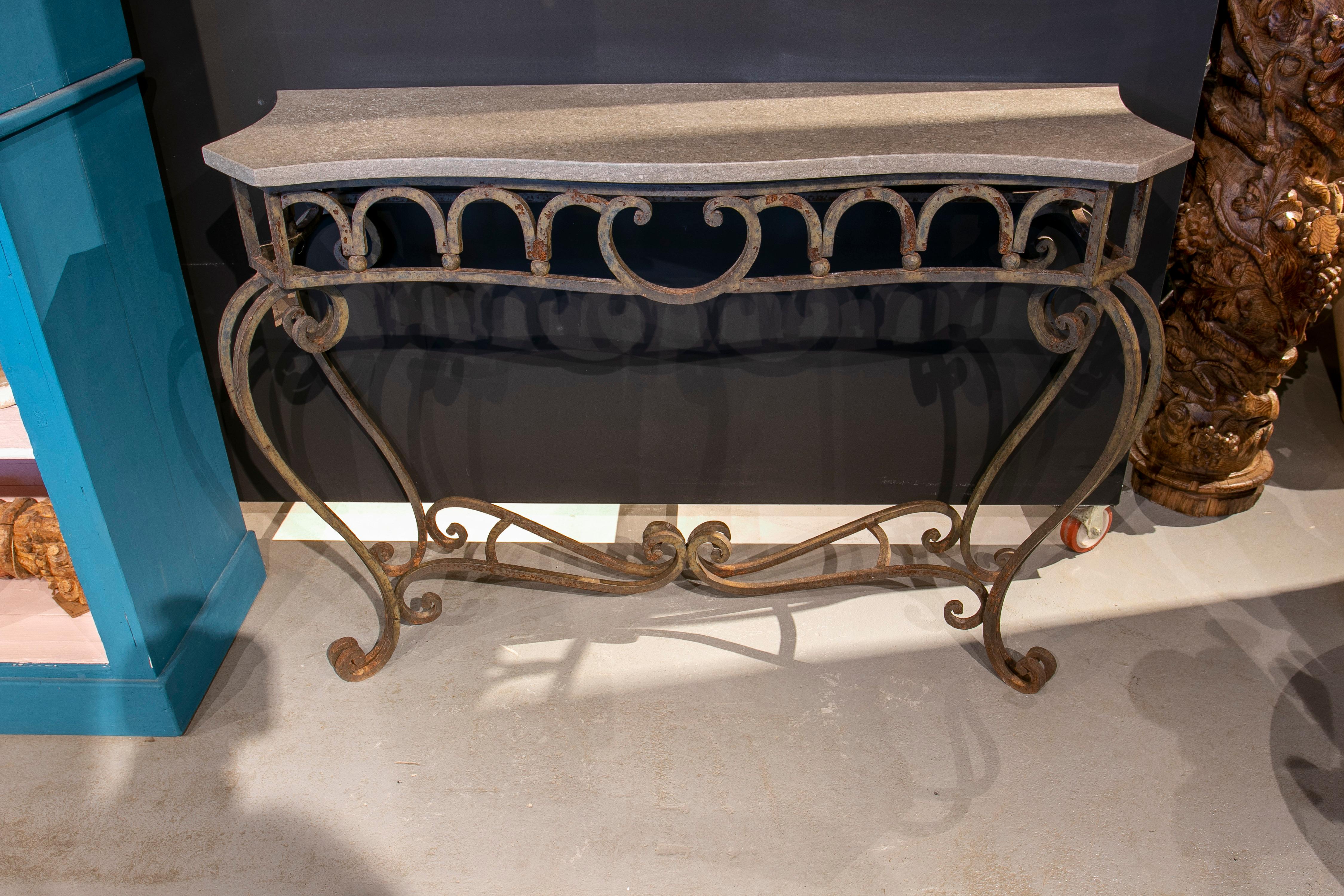 Forged Pair of Mid-20th Century French Wrought Iron Console Tables w/ Marble Top