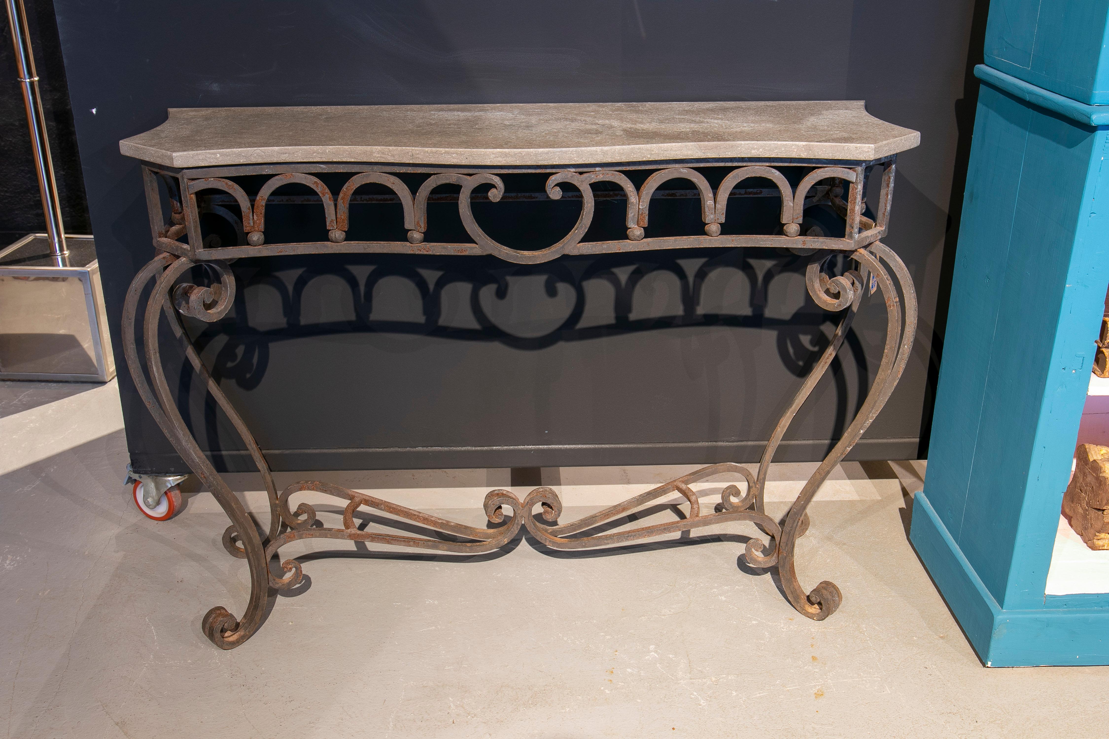 Pair of Mid-20th Century French Wrought Iron Console Tables w/ Marble Top 1