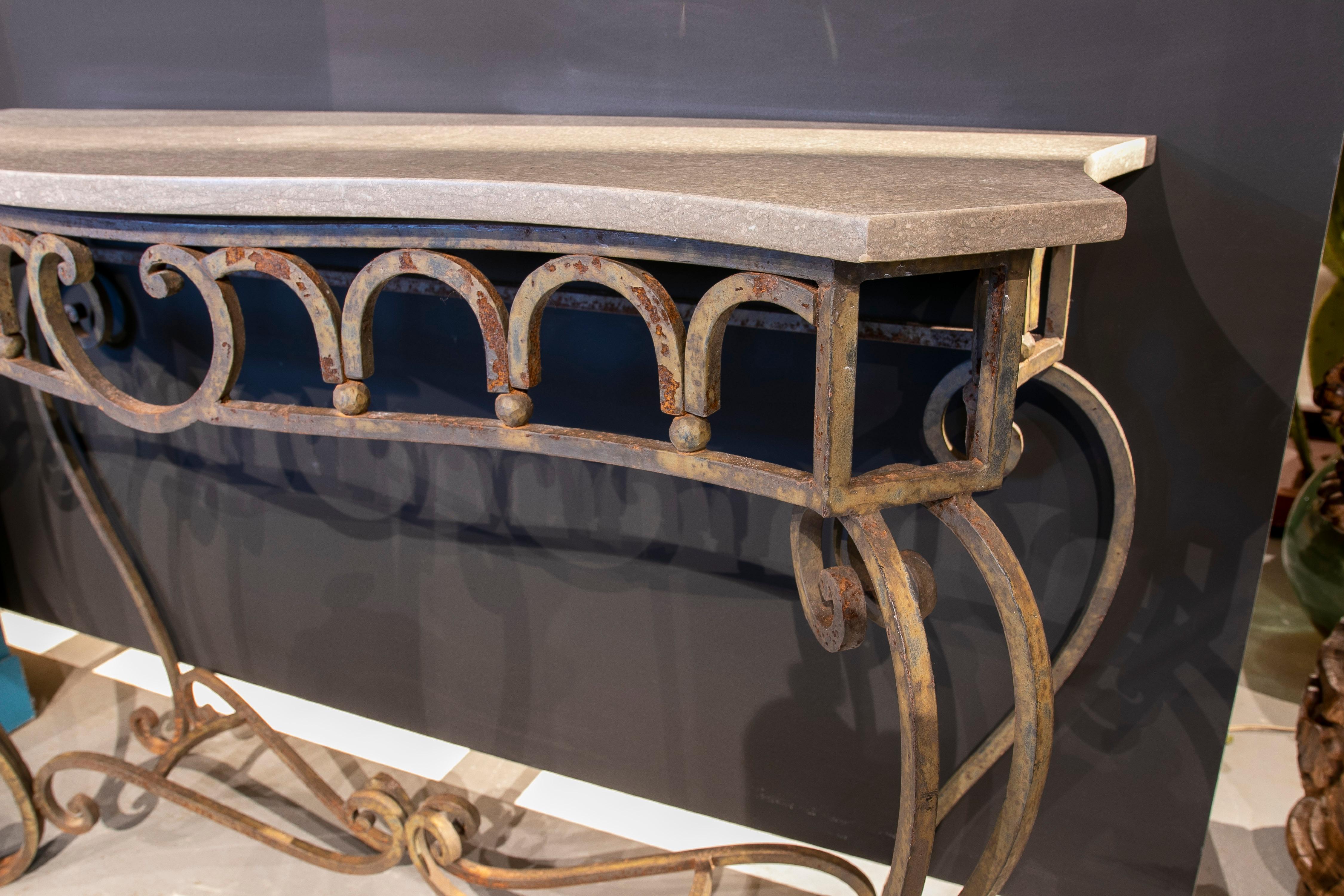 Pair of Mid-20th Century French Wrought Iron Console Tables w/ Marble Top 4