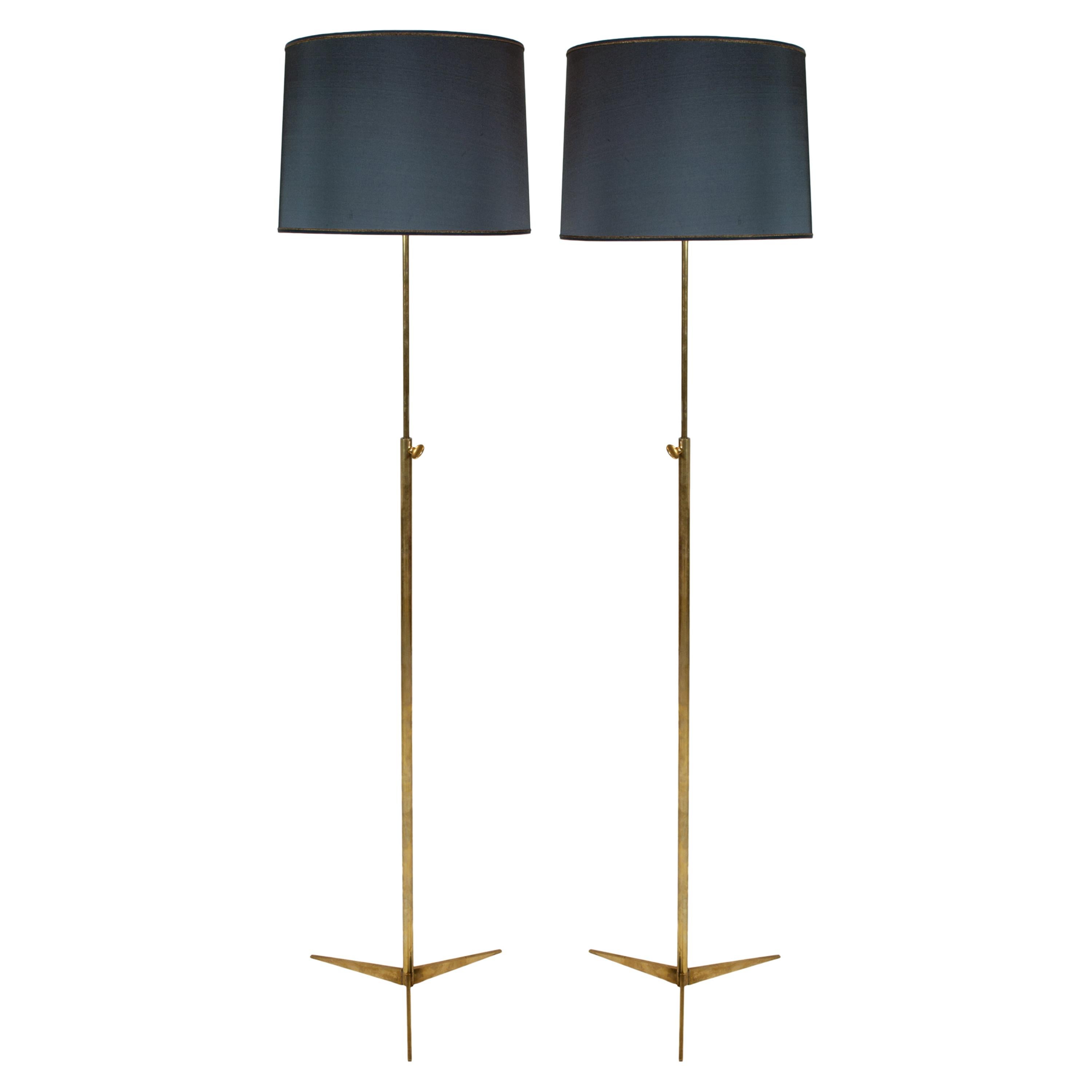 Pair of Mid-20th Century Gilt Bronze Standing Lamps on Tripod Feet