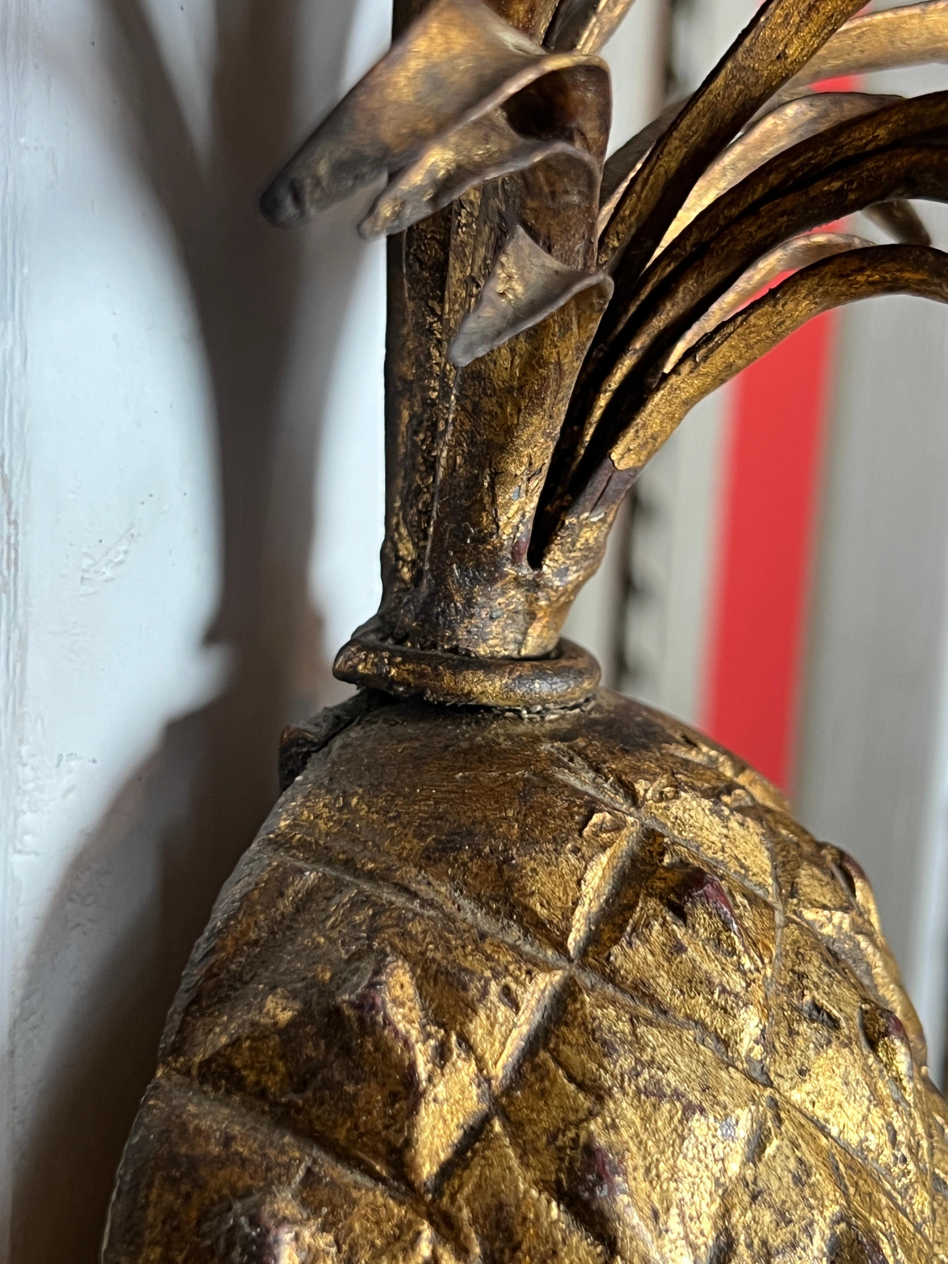 Pair of Mid 20th Century Gilt Iron Pineapple Wall Sconces For Sale 5