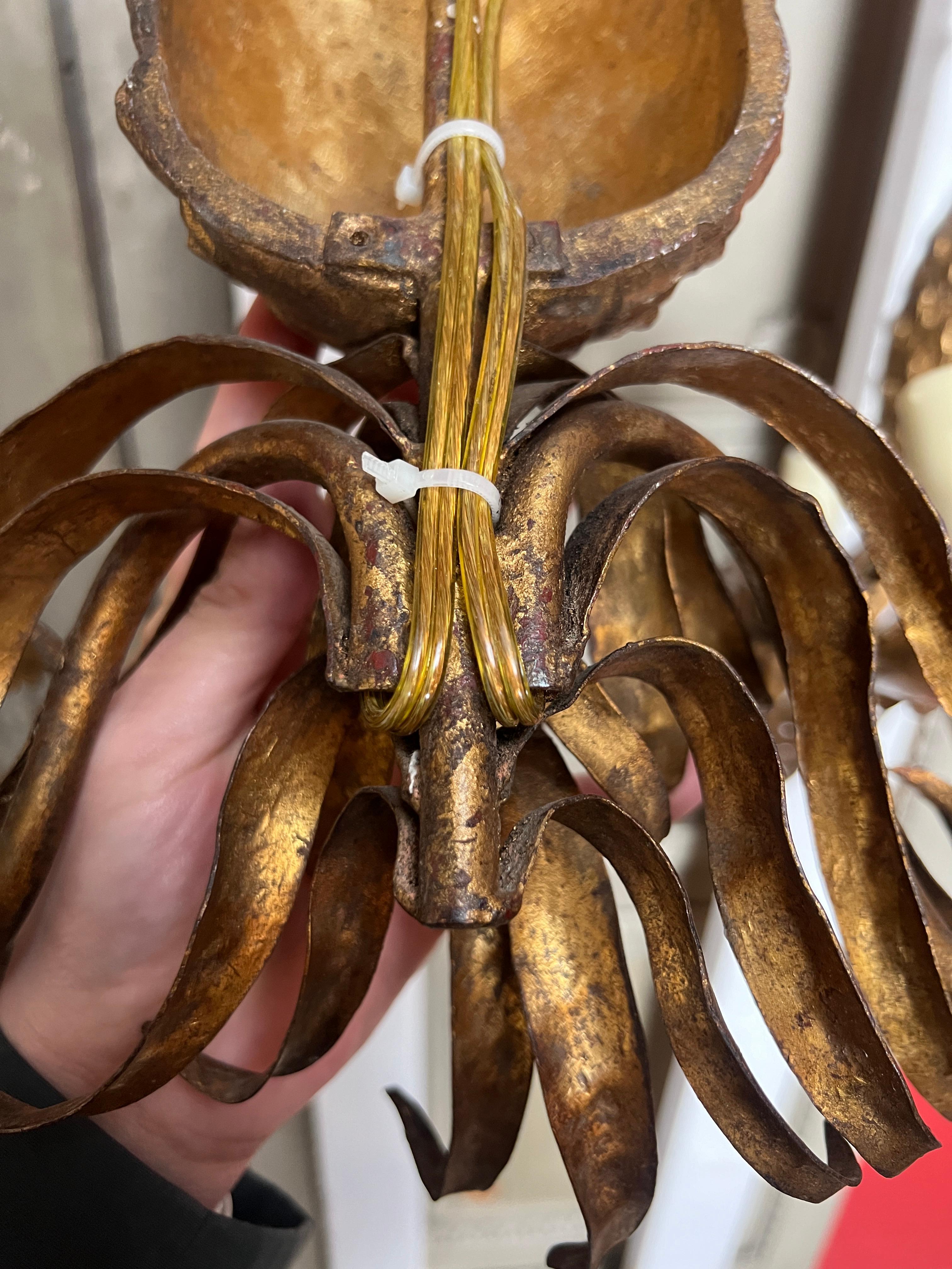 Pair of Mid 20th Century Gilt Iron Pineapple Wall Sconces For Sale 9