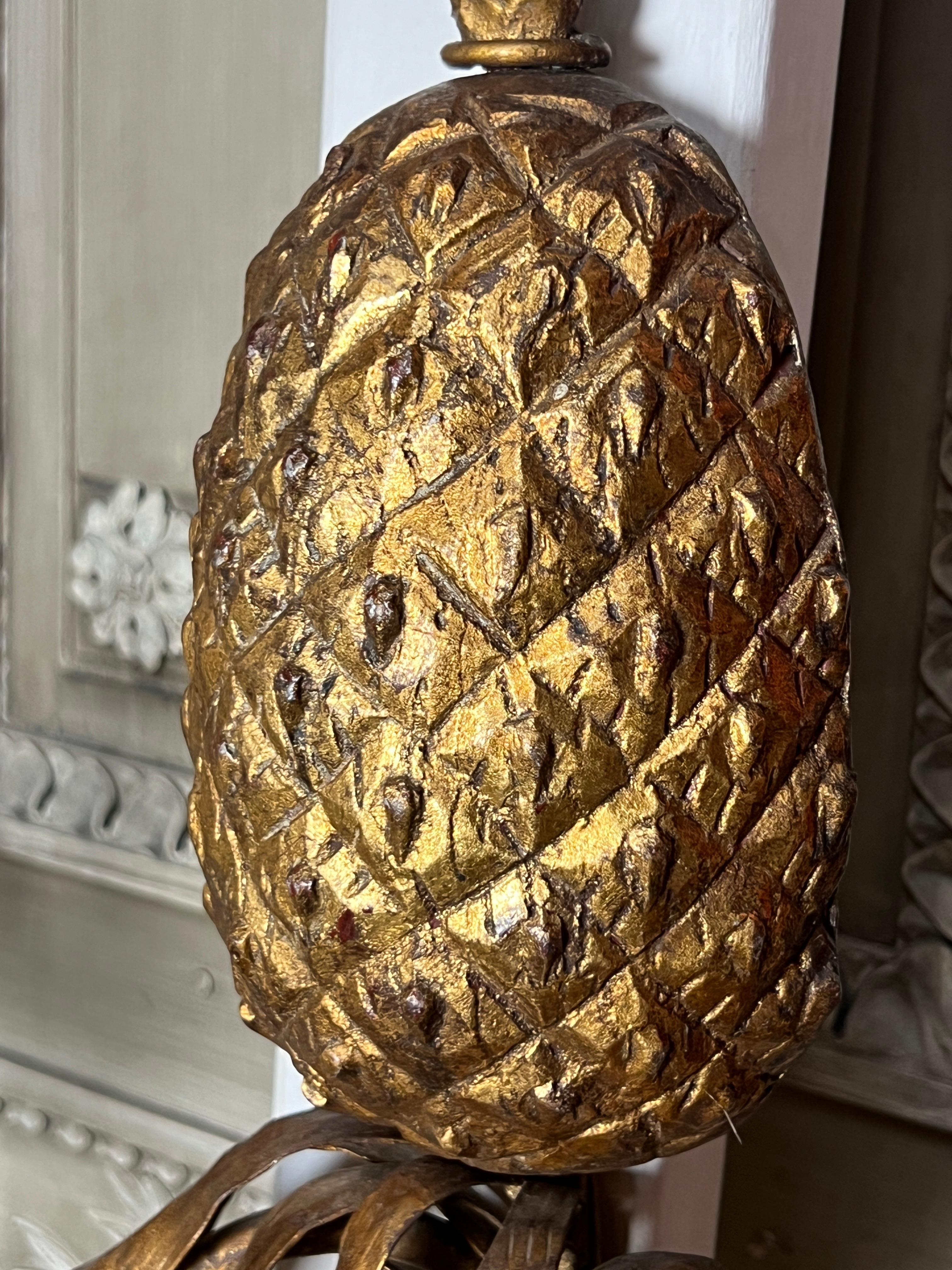 Hand-Crafted Pair of Mid 20th Century Gilt Iron Pineapple Wall Sconces For Sale