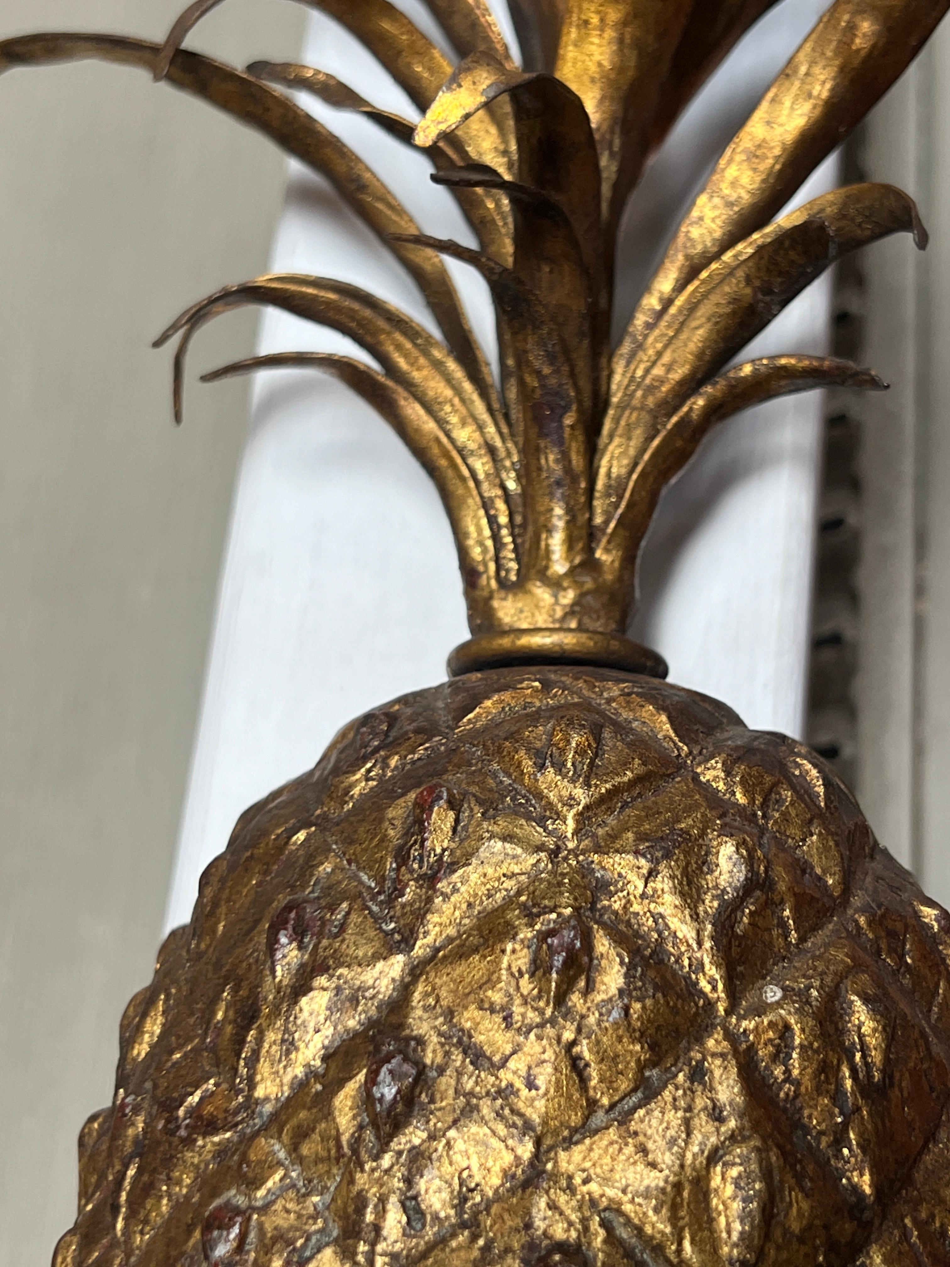 Gold Leaf Pair of Mid 20th Century Gilt Iron Pineapple Wall Sconces For Sale