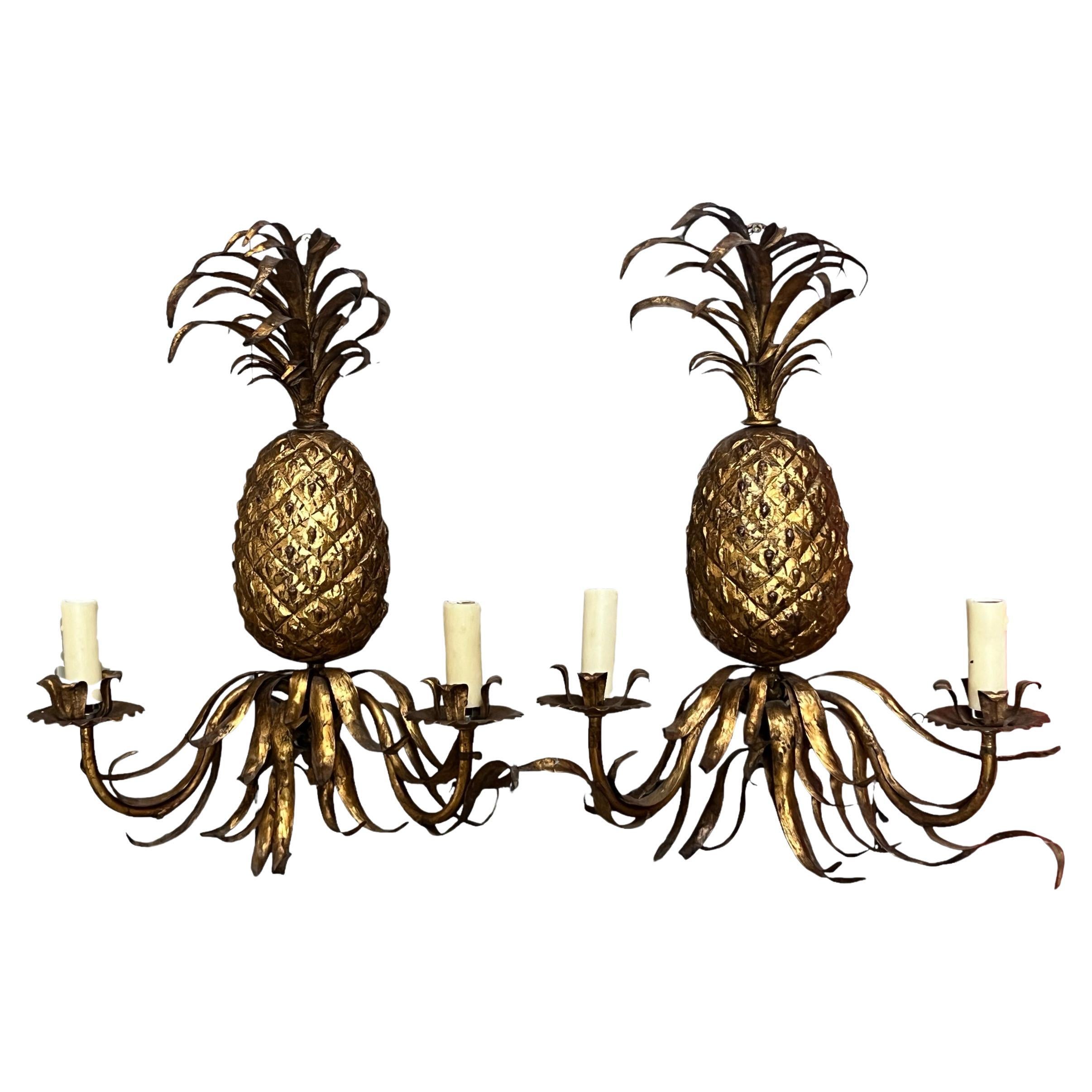 Pair of Mid 20th Century Gilt Iron Pineapple Wall Sconces For Sale