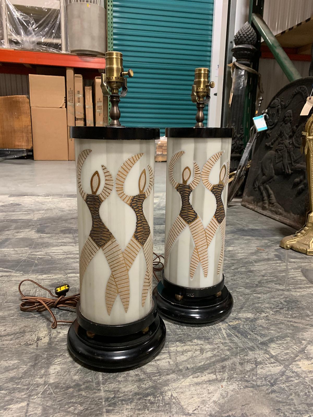 Pair of Mid-20th Century Glass Cylinder Lamps with Dancers In Good Condition For Sale In Atlanta, GA