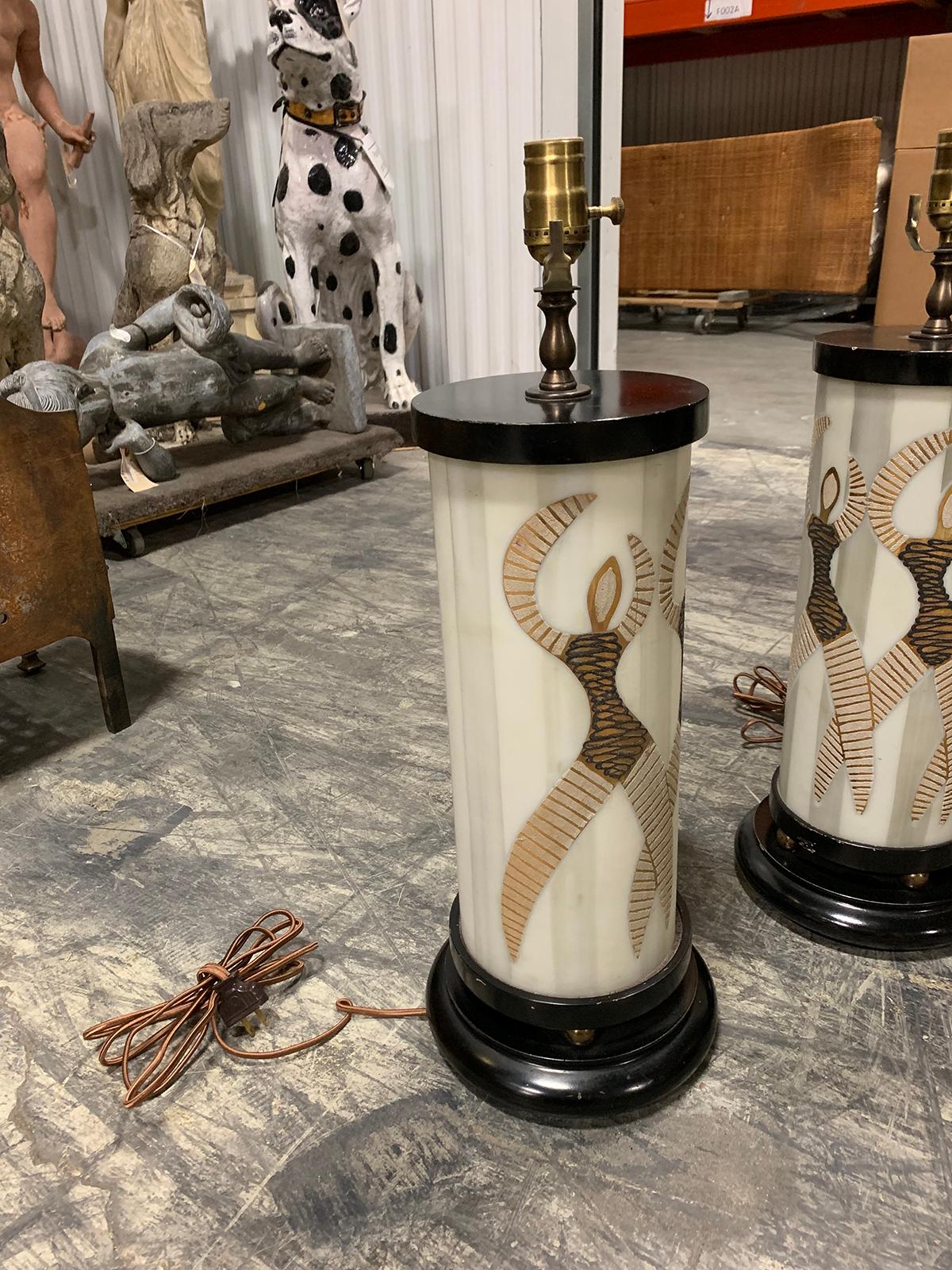 Pair of Mid-20th Century Glass Cylinder Lamps with Dancers For Sale 4