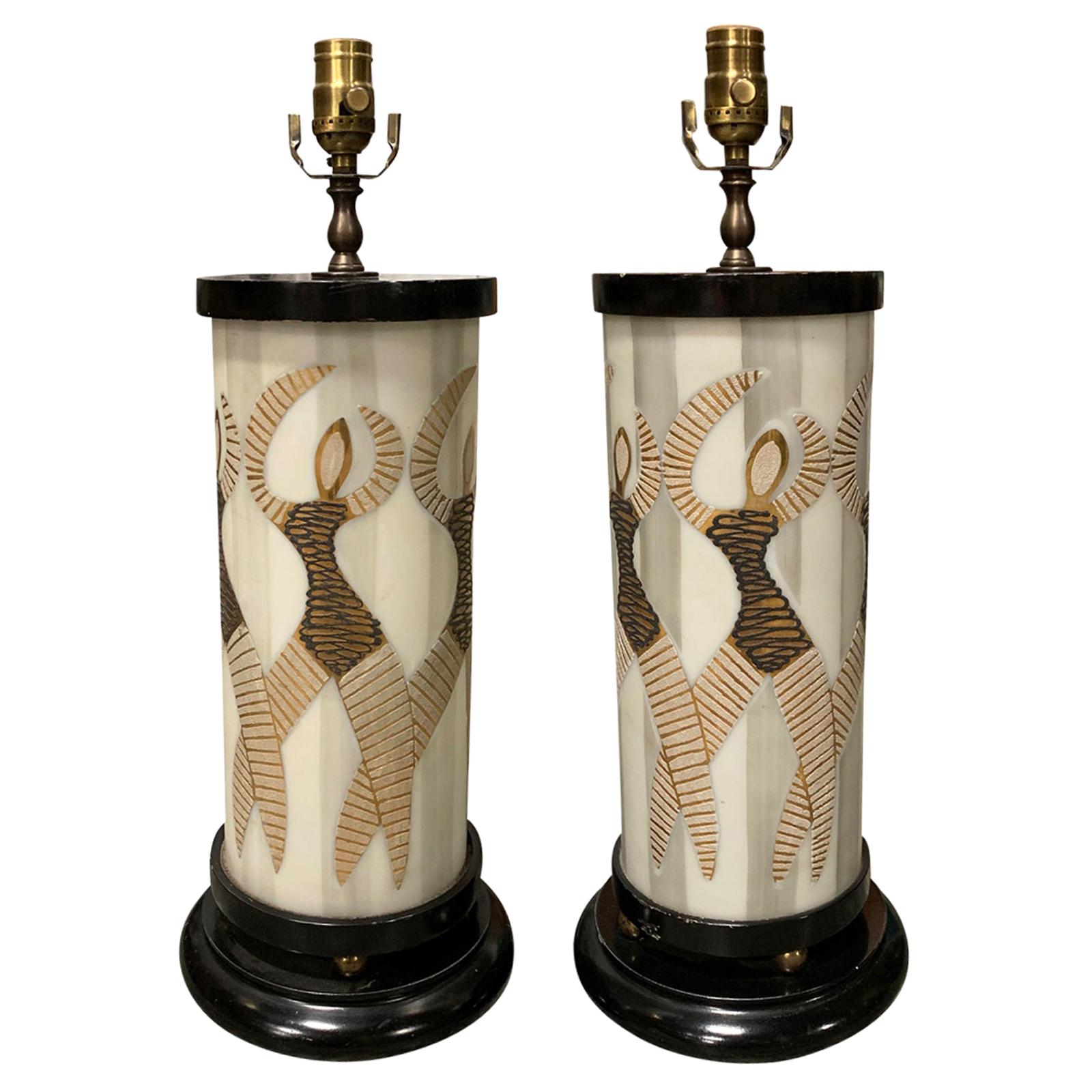 Pair of Mid-20th Century Glass Cylinder Lamps with Dancers For Sale