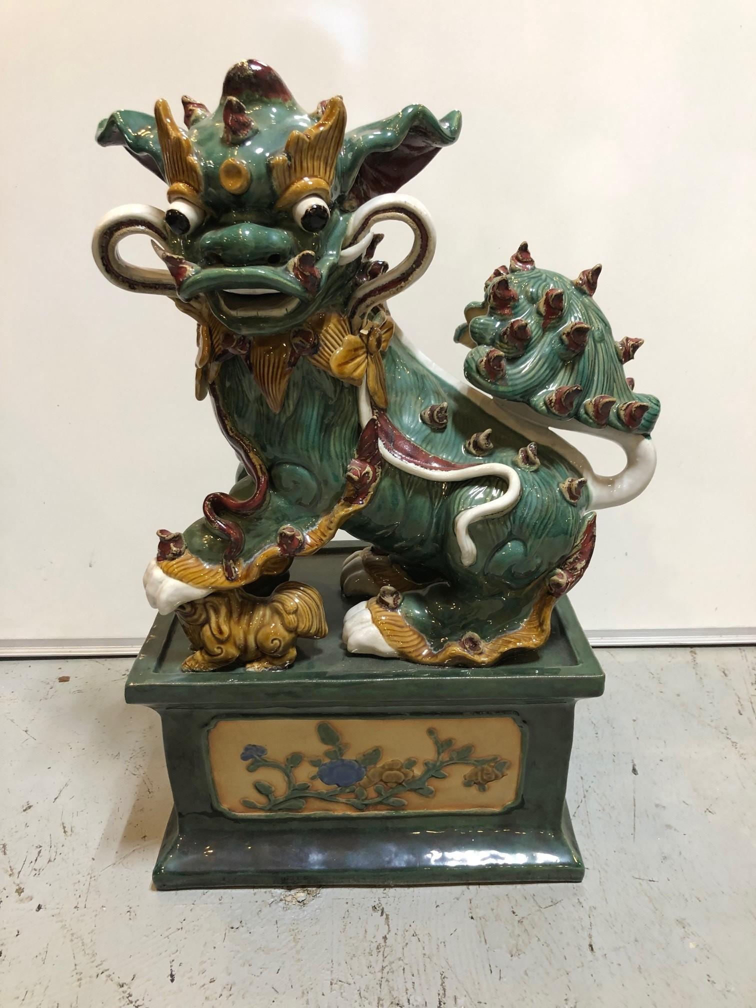 Pair of Mid 20th Century Glazed Terracotta Foo Dogs For Sale 3