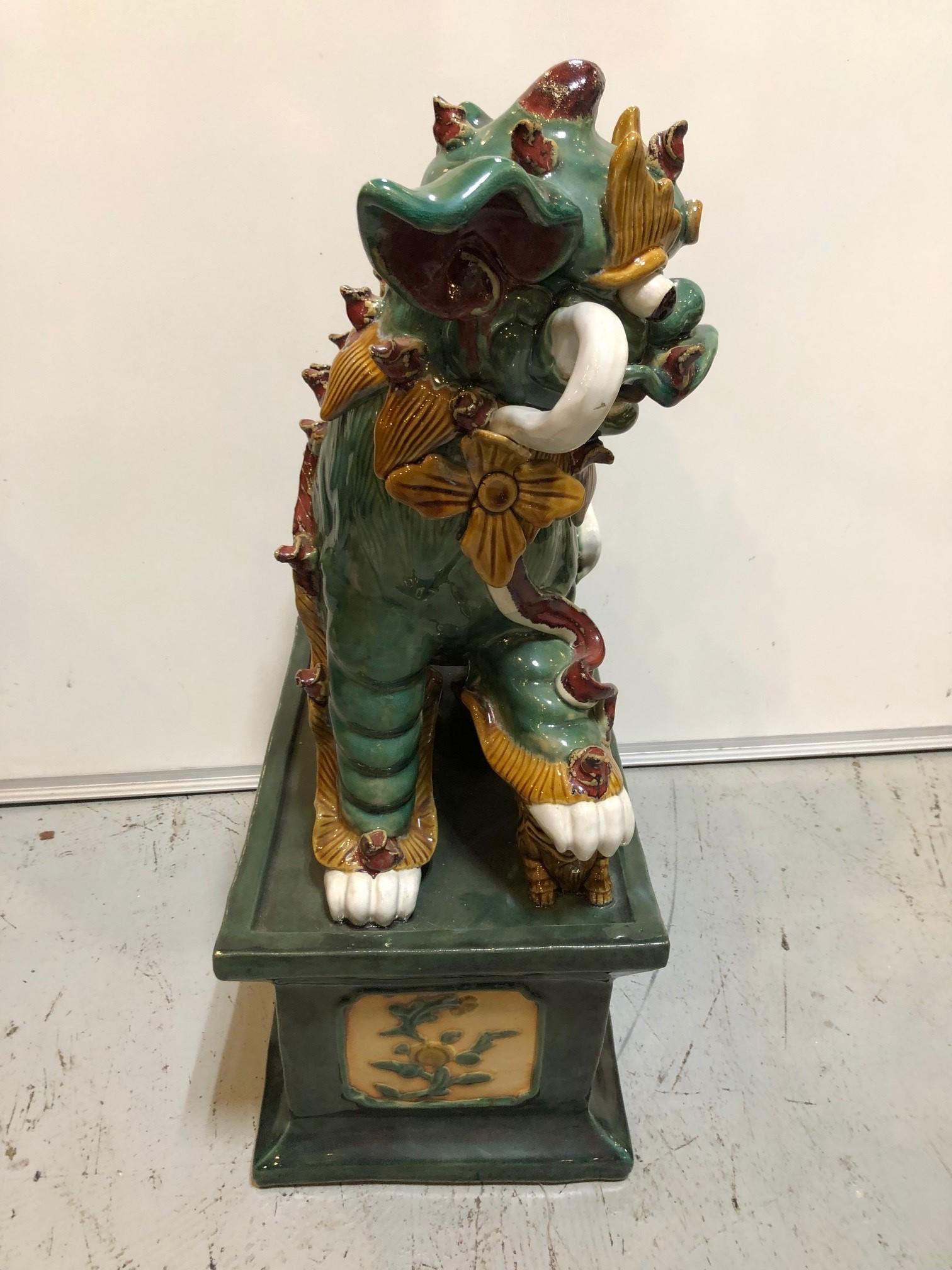 Pair of Mid 20th Century Glazed Terracotta Foo Dogs For Sale 4