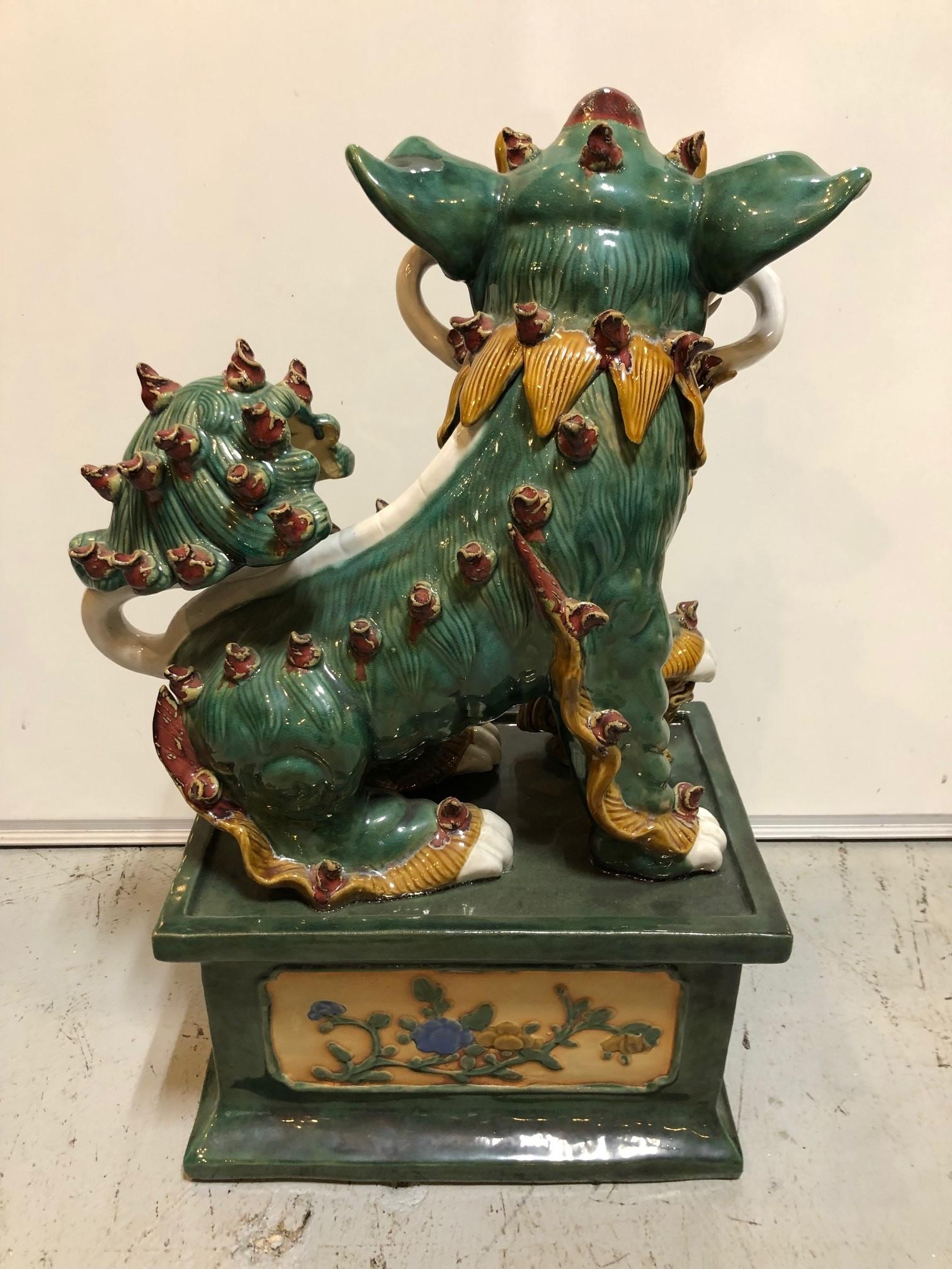 Pair of Mid 20th Century Glazed Terracotta Foo Dogs For Sale 5