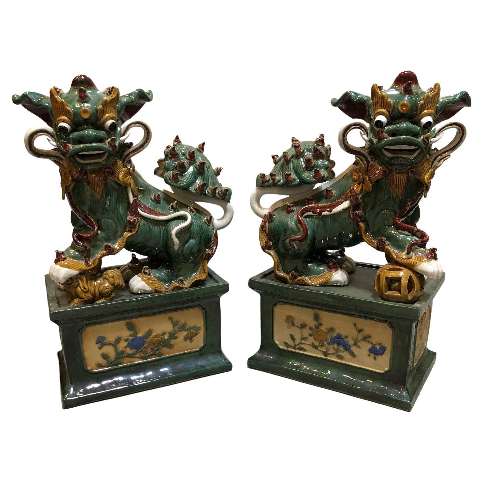 Pair of Mid 20th Century Glazed Terracotta Foo Dogs For Sale