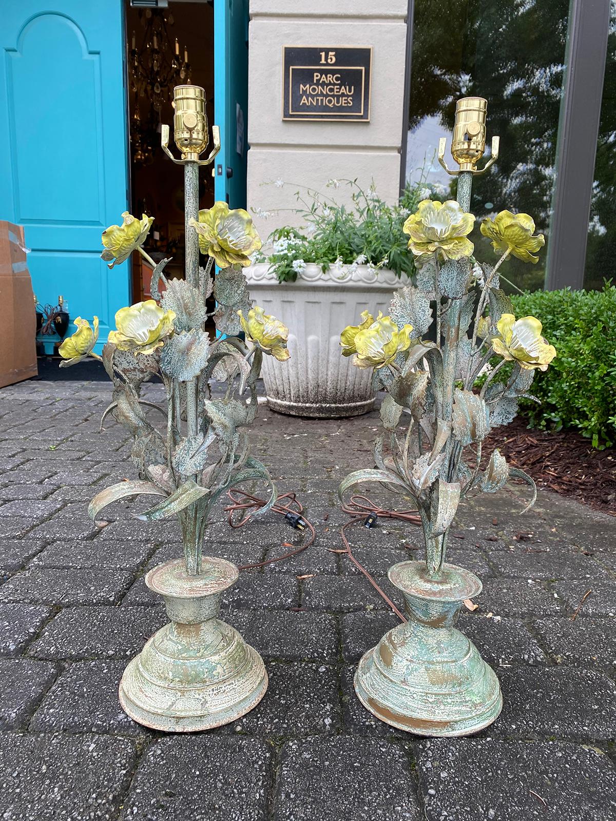 Pair of mid-20th century green tole lamps with yellow flowers
New wiring
Has yellow flower finials, too.
Base measures 7