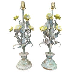 Pair of Mid-20th Century Green Tole Lamps with Yellow Flowers