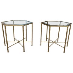 Pair of Mid-20th Century Hexagonal Faux Bamboo Brass and Glass Top Side Tables Pair of Mid-20th Century Hexagonal Faux Bamboo Brass and Glass Top Side Tables
